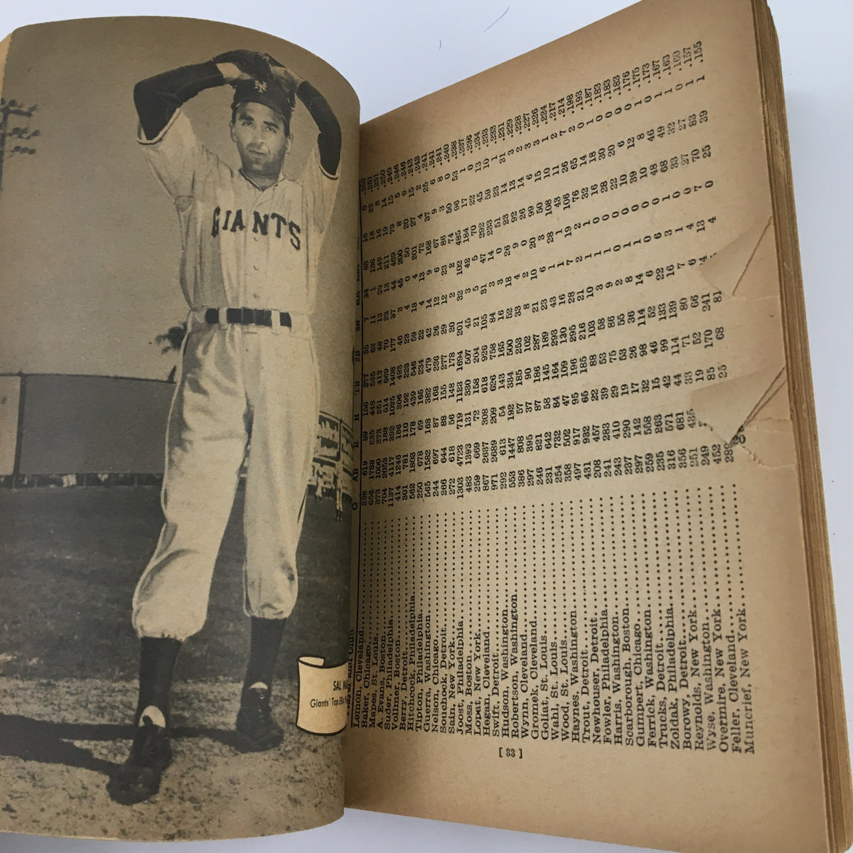 Interior page of the 1952 Major League Baseball Official Rules & Stories displaying a black and white image of a Giants player with statistics, embodying historical baseball documentation.