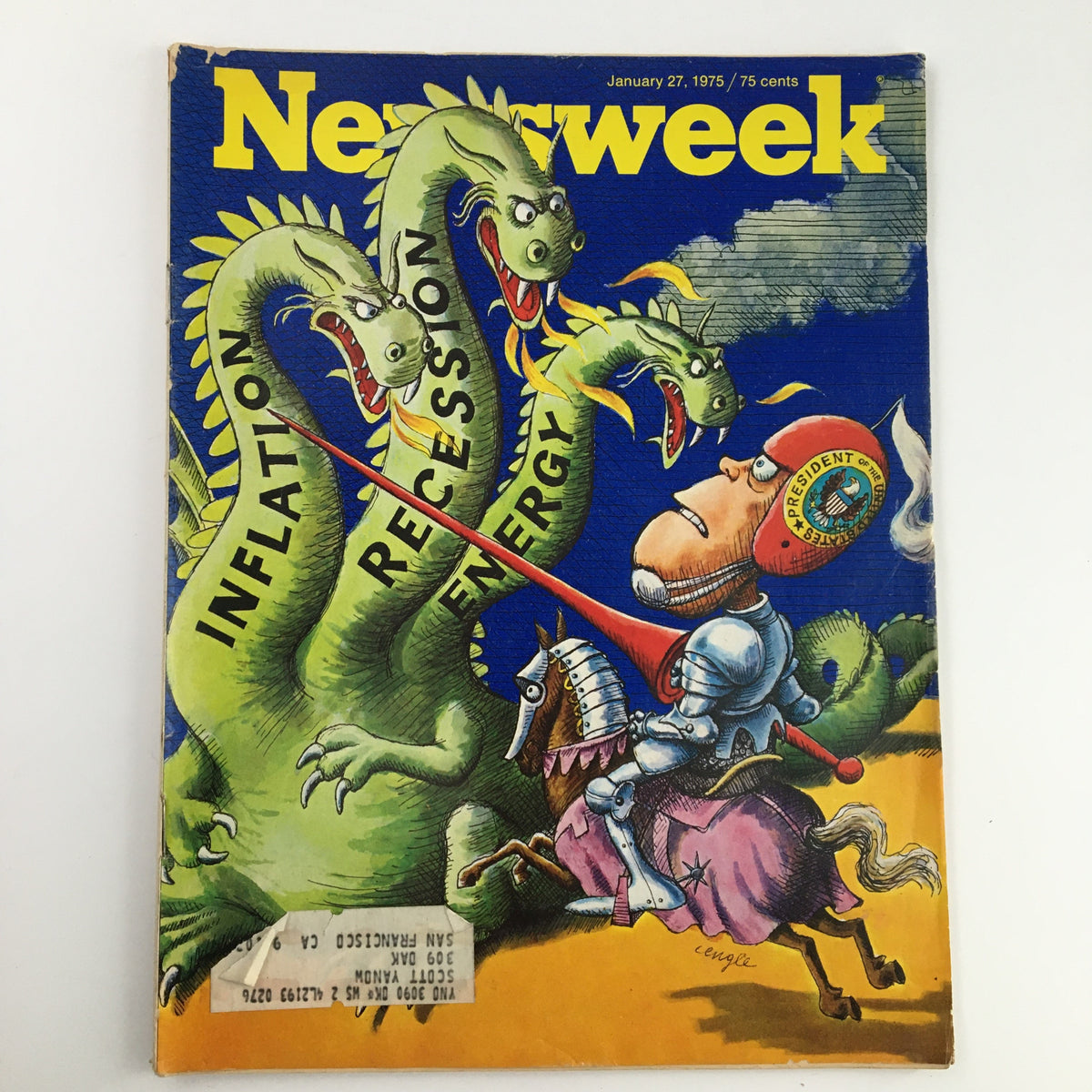 Cover of Newsweek Magazine from January 27, 1975 featuring an illustration of a knight battling three-headed dragons symbolizing inflation, recession, and energy crises; highlights significant political themes of the era.