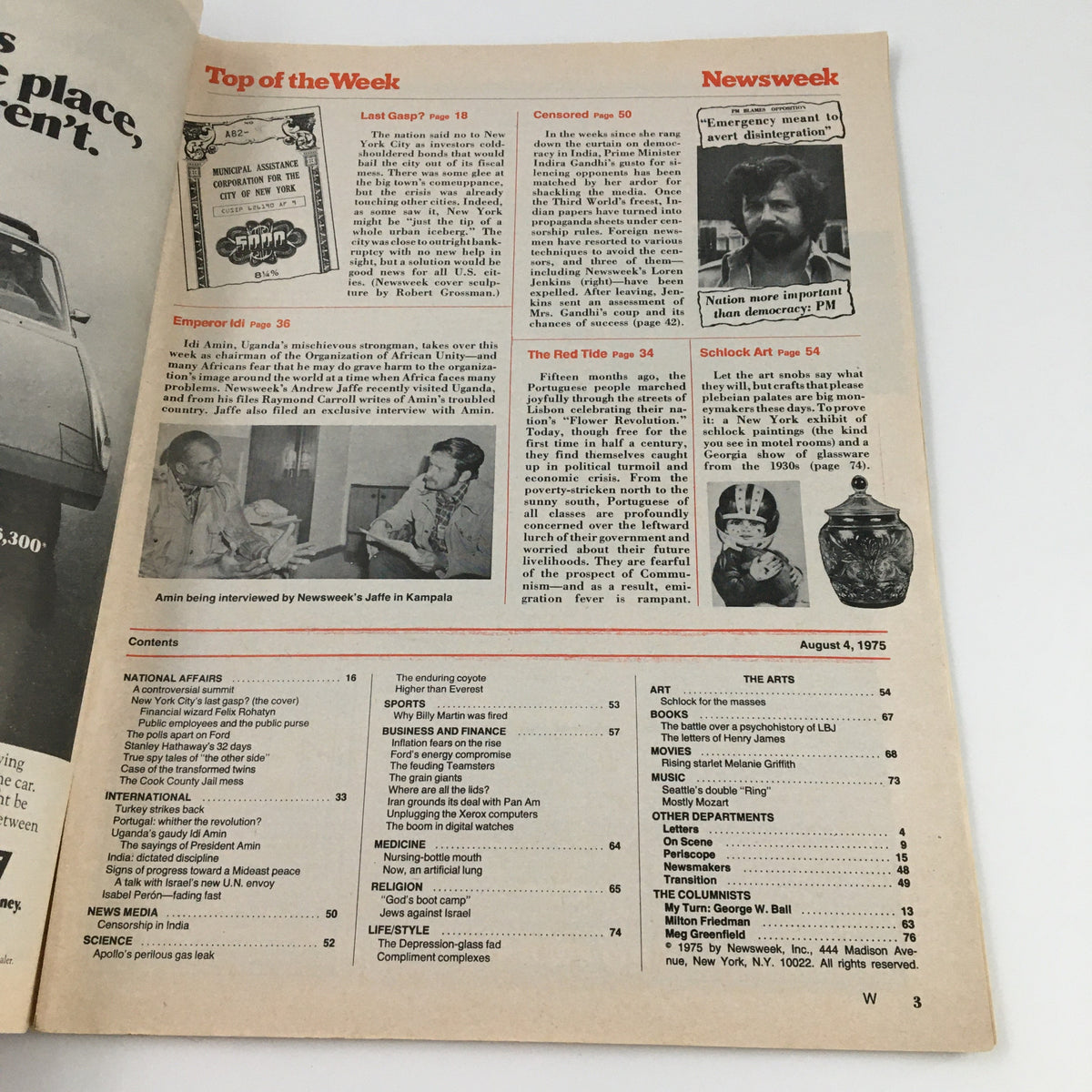 Inside page of Newsweek Magazine August 4 1975 showcasing contents featuring coverage on Uganda's Idi Amin and New York issues.