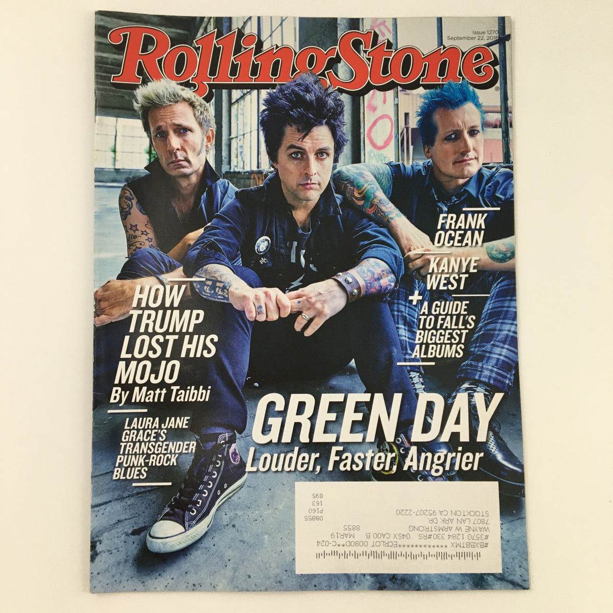 Rolling Stone Magazine September 22 2016 #1270 featuring Green Day, with Billie Joe Armstrong and bandmates on the cover, showcasing the influential punk rock band's latest album details.