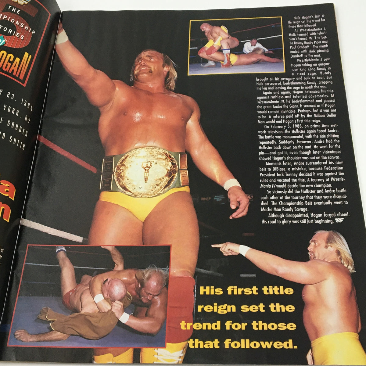 Inside page of WWF Wrestling Spotlight Magazine 1991 Vol #21 featuring Hulk Hogan with wrestling championship belt, capturing classic wrestling action.