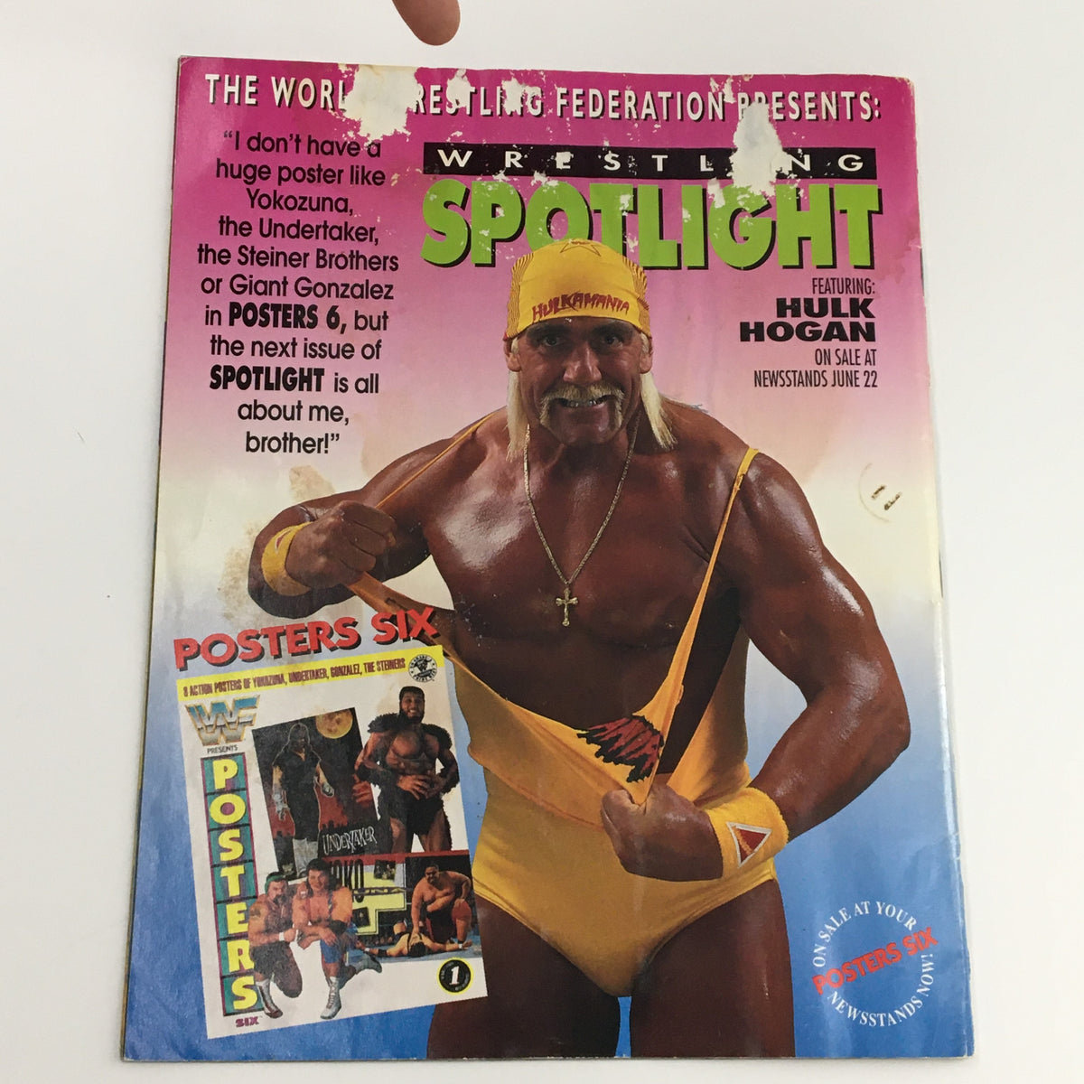 Back cover of WWF Wrestling Spotlight Magazine 1991 Vol #21 featuring a colorful image of Hulk Hogan promoting upcoming posters.