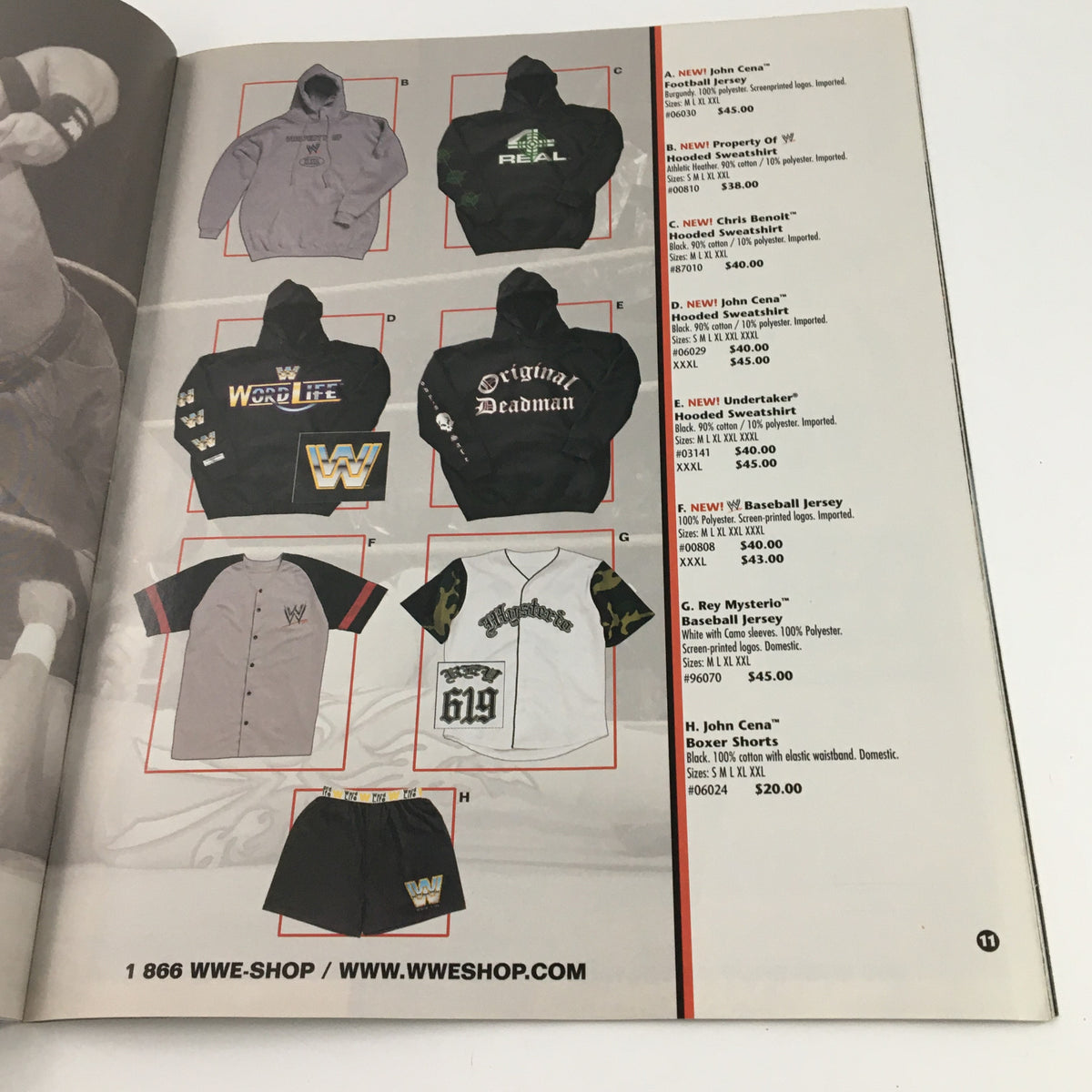 WWE Smack Down Magazine September 2004 showcasing a page with various WWE merchandise, including hoodies and jerseys, highlighting collectible wrestling apparel.
