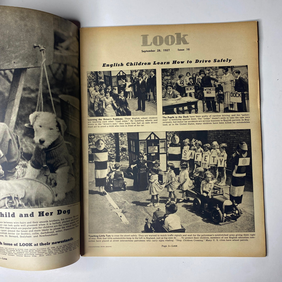 Interior page from Look Magazine dated September 28, 1937, showing a feature on how English children learn to drive safely, illustrated with photographs of school children and traffic safety education.