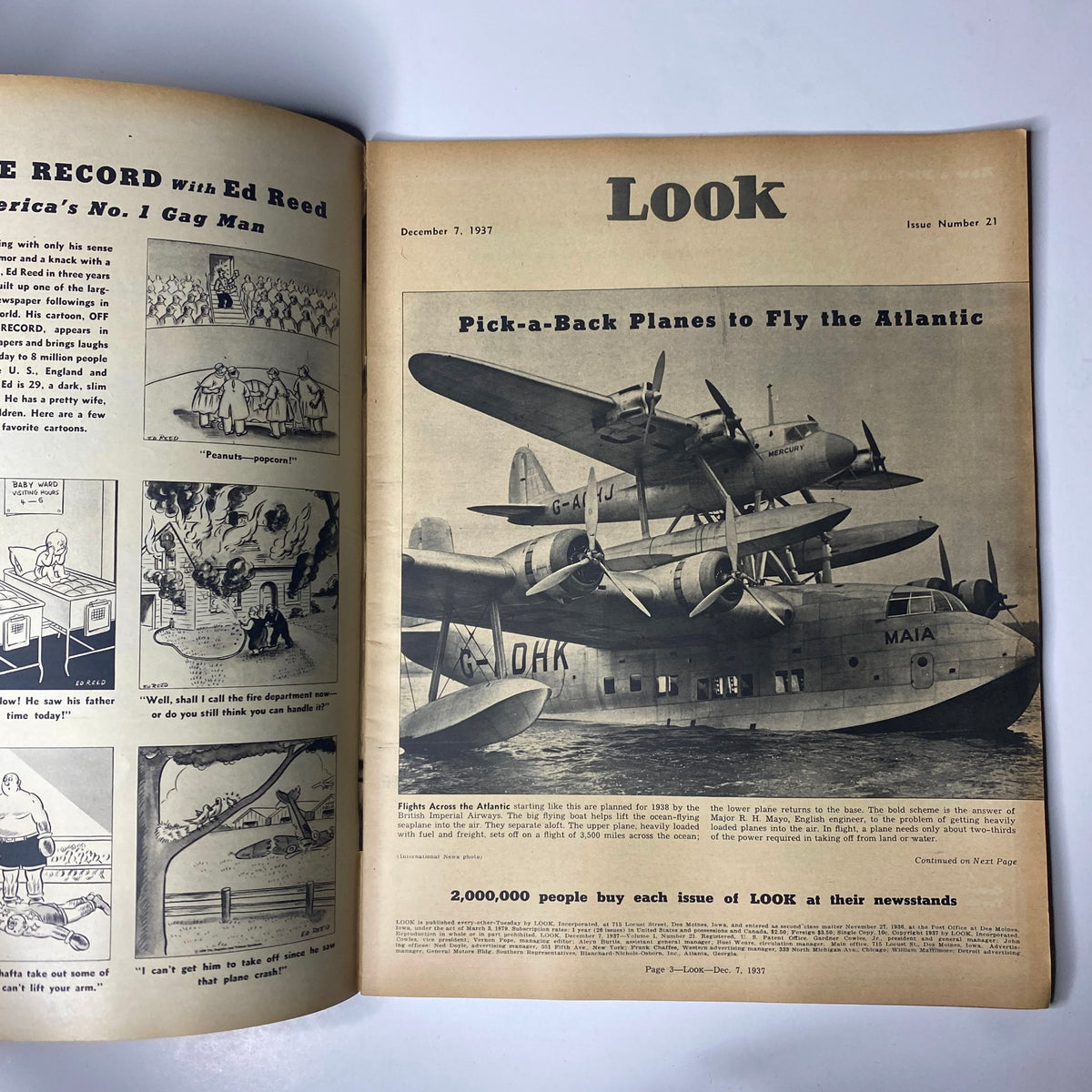 Inside page of Look Magazine, December 7, 1937, showcasing an article titled 'Pick-a-Back Planes to Fly the Atlantic' with an image of innovative aircraft, reflecting early aeronautical advancements.