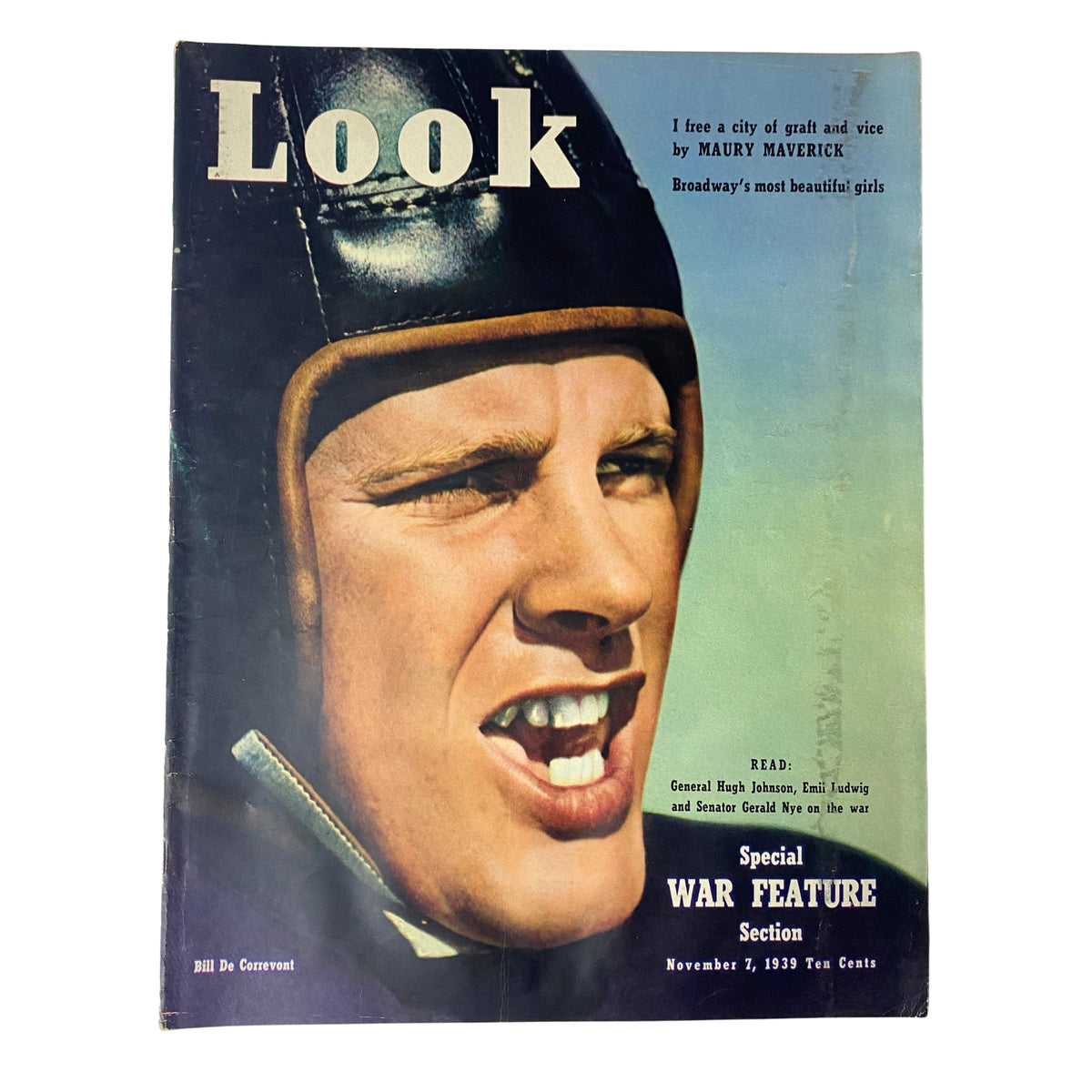 Cover of Look Magazine from November 7, 1939 featuring Bill De Correvont, showcasing a football theme and a special war feature section. The magazine highlights American sports and cultural commentary during a pivotal time in history.