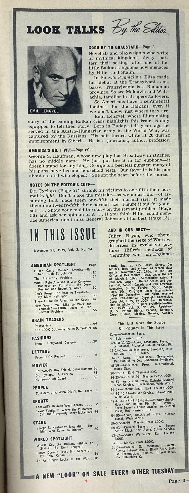 Page 3 of Look Magazine, November 21, 1939, with the section 'Look Talks' featuring Emil Lengyel discussing Balkan kingdoms and contributing a witty editorial on contemporary issues.