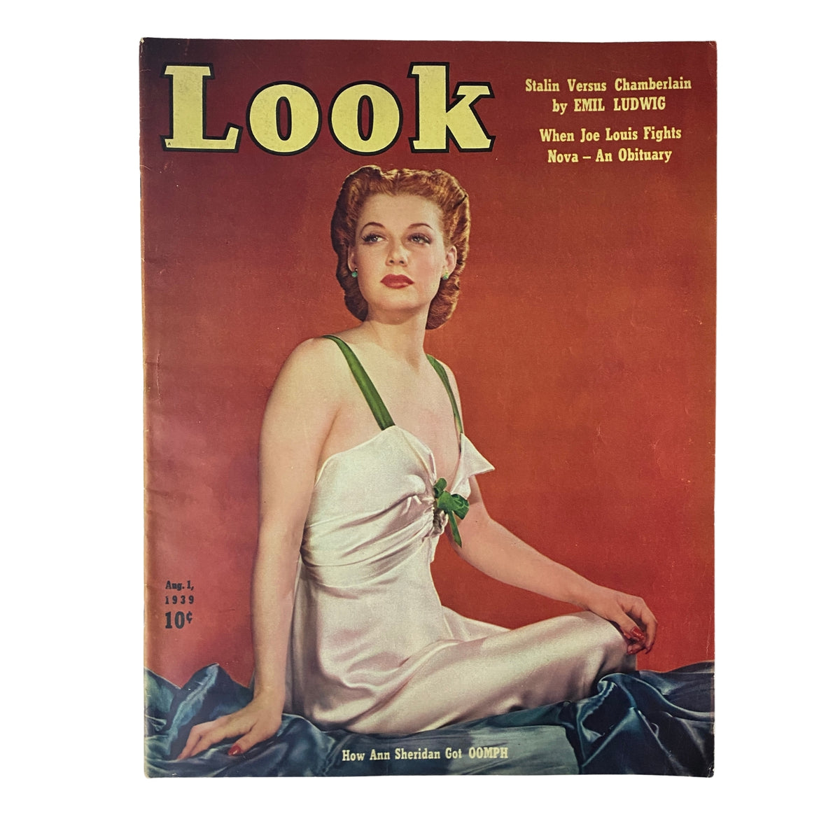 Look Magazine cover from August 1, 1939, featuring actress Ann Sheridan, known as the 'Oomph Girl', showcasing Hollywood glamor with a captivating portrait against a vibrant background.