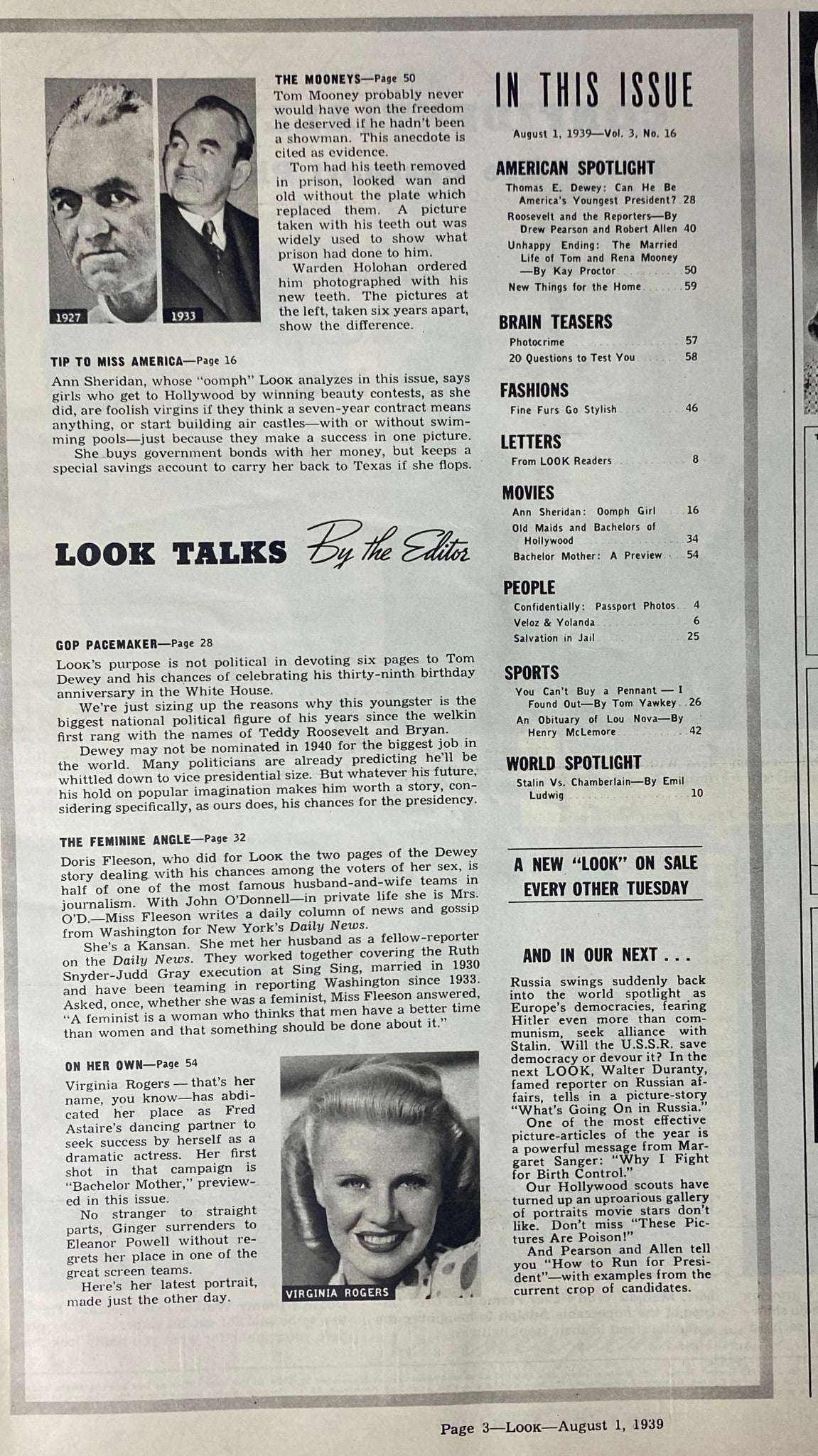 Inside look at Look Magazine, August 1, 1939, showcasing editorial features including 'Tip to Miss America' and the 'Mooneys', highlighting prominent articles and images within the issue.