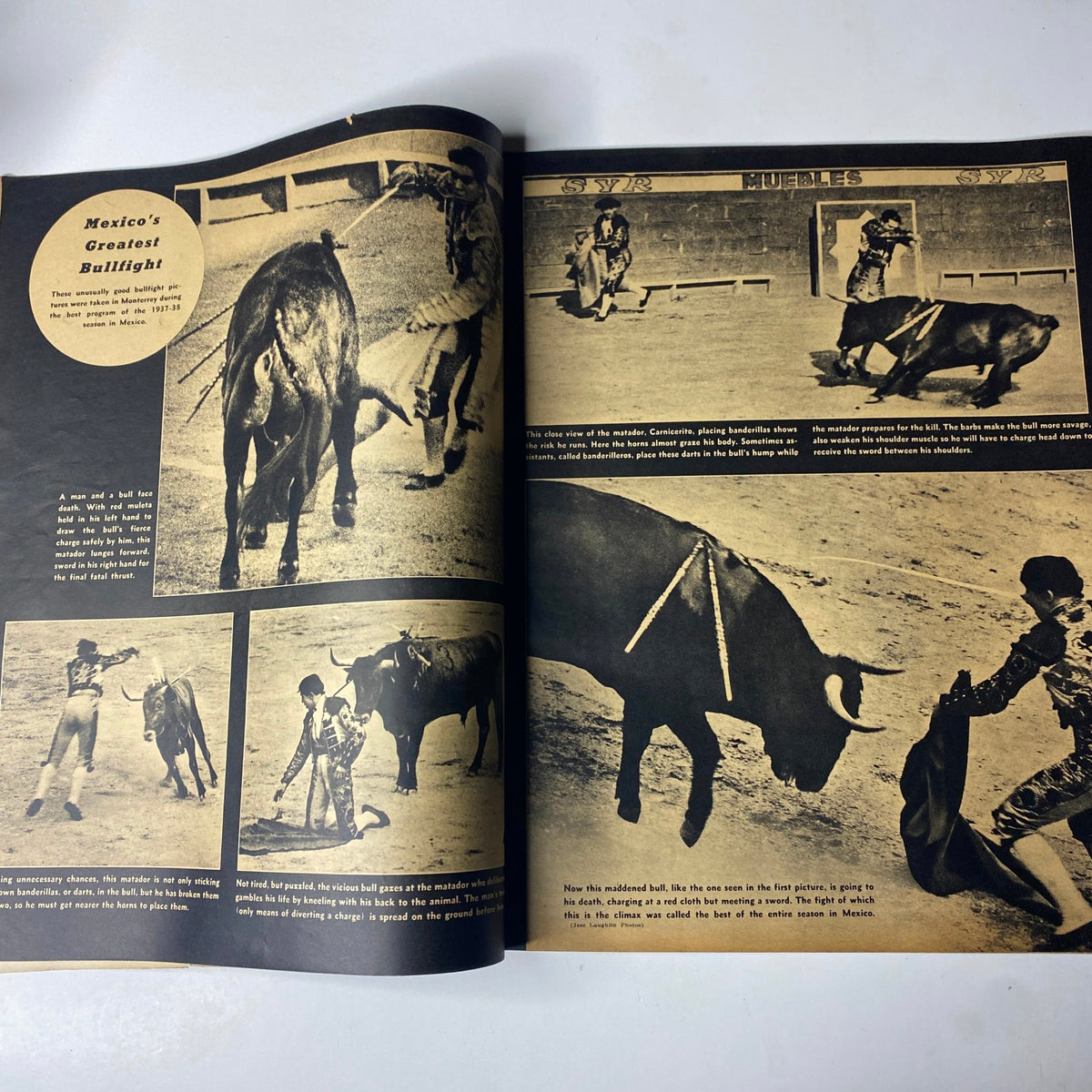 Article spread from Look Magazine dated May 24, 1938, titled 'The Brides of 1938', depicting images of bullfighting in Mexico, showcasing matadors in action and traditional elements of the sport.