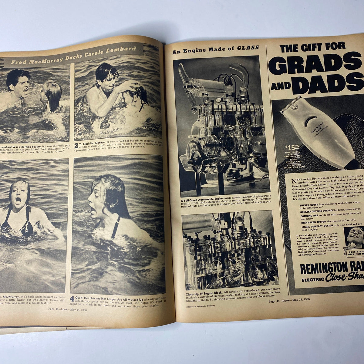 Interior pages of Look Magazine from May 24, 1938, featuring humorous scenes with Fred MacMurray and Carole Lombard swimming, alongside advertisements, reflecting the popular culture and leisure activities of the era.