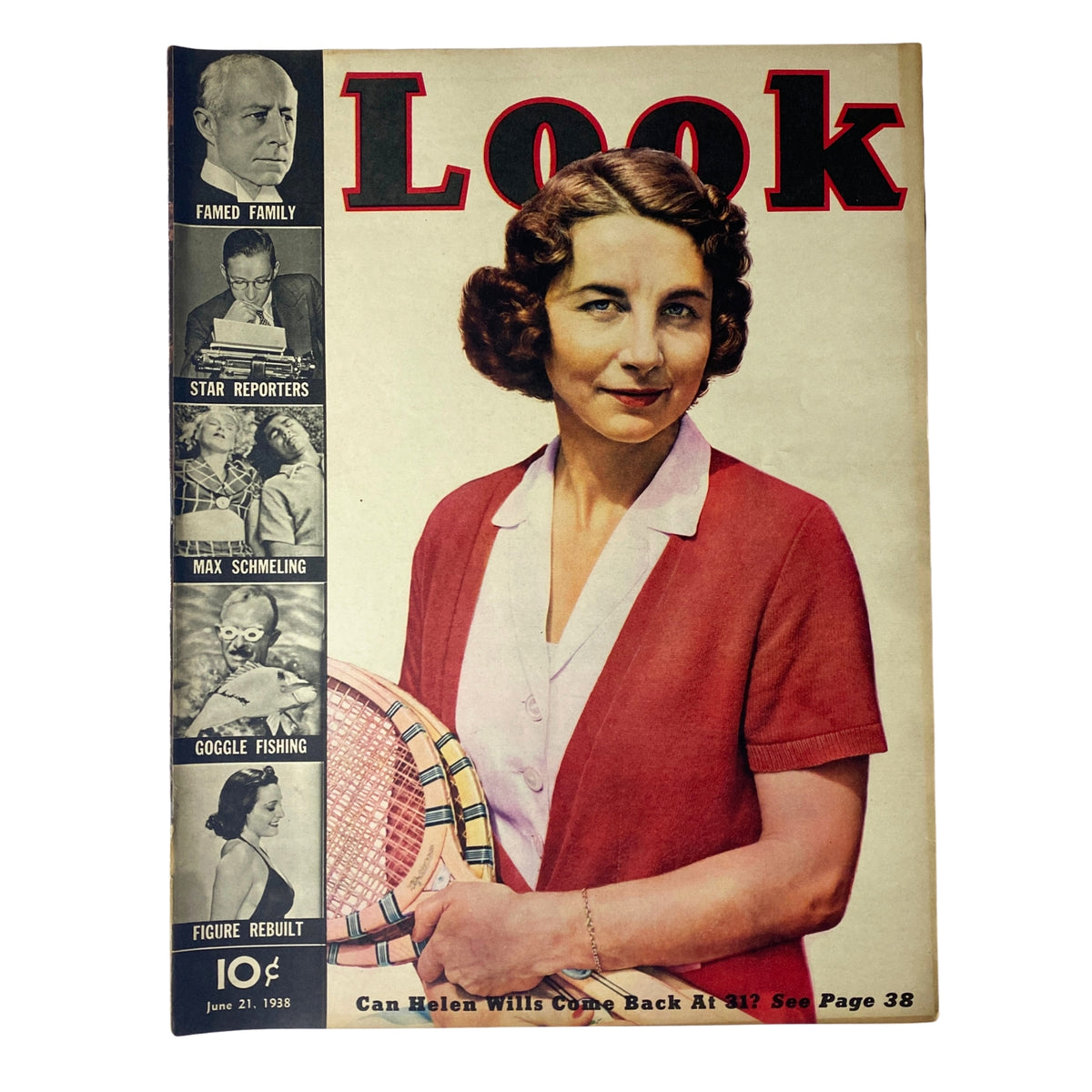 Look Magazine June 21, 1938 cover featuring Helen Wills, an iconic tennis champion, showcasing her on the front with a tennis racket, representing sports history.