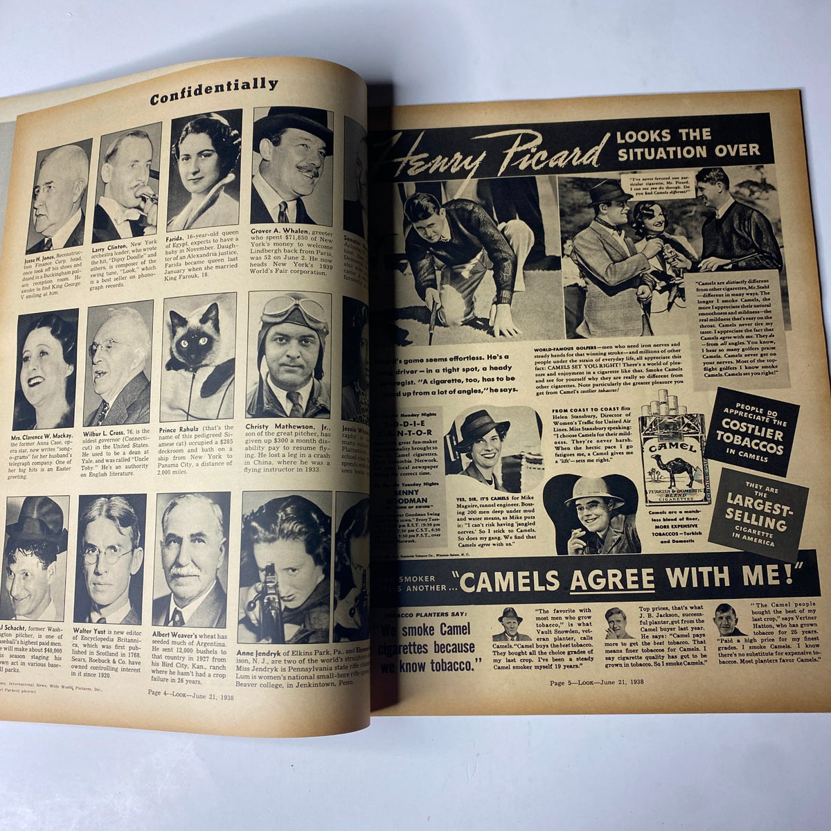 Interior page of Look Magazine from June 21, 1938, featuring a section titled 'Confidentially' with photographs of various celebrities and notable figures along with an advertisement for Camel cigarettes.