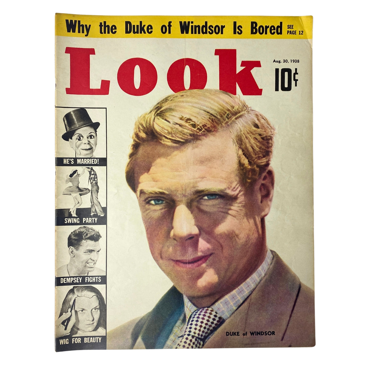 Look Magazine cover from August 30, 1938, featuring the Duke of Windsor, depicting a vintage magazine style with a focus on the Duke's expression. This significant issue captures a moment in history post his abdication.