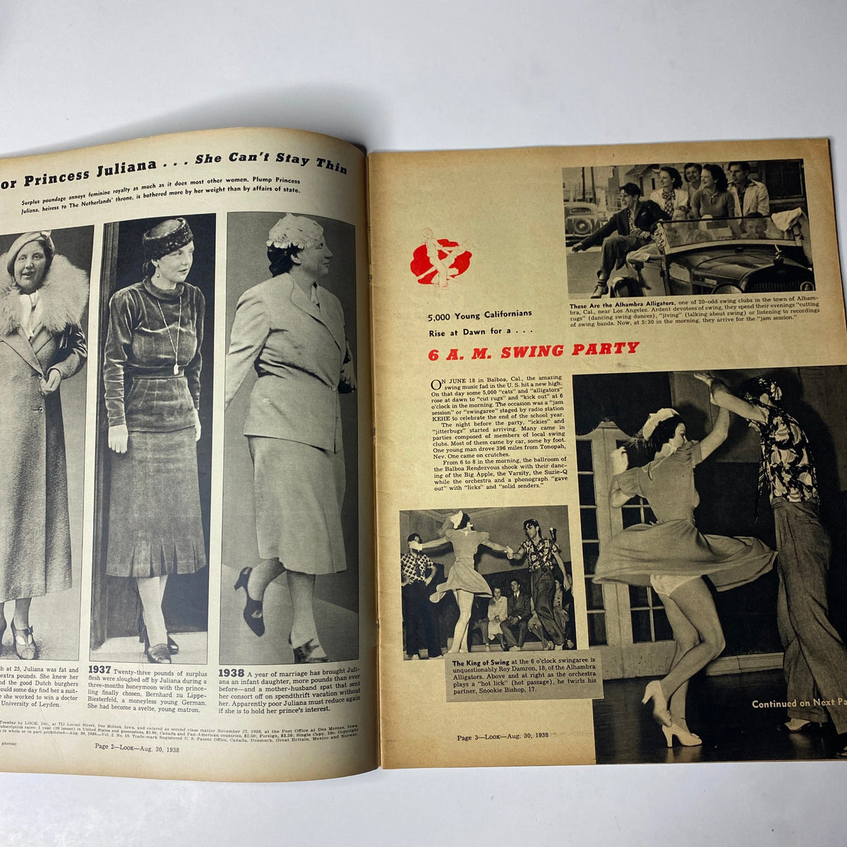 Interior page of Look Magazine, August 30, 1938, showcasing a fashion spread featuring various outfits suited for women, reflecting the styles of the time with emphasis on elegance.