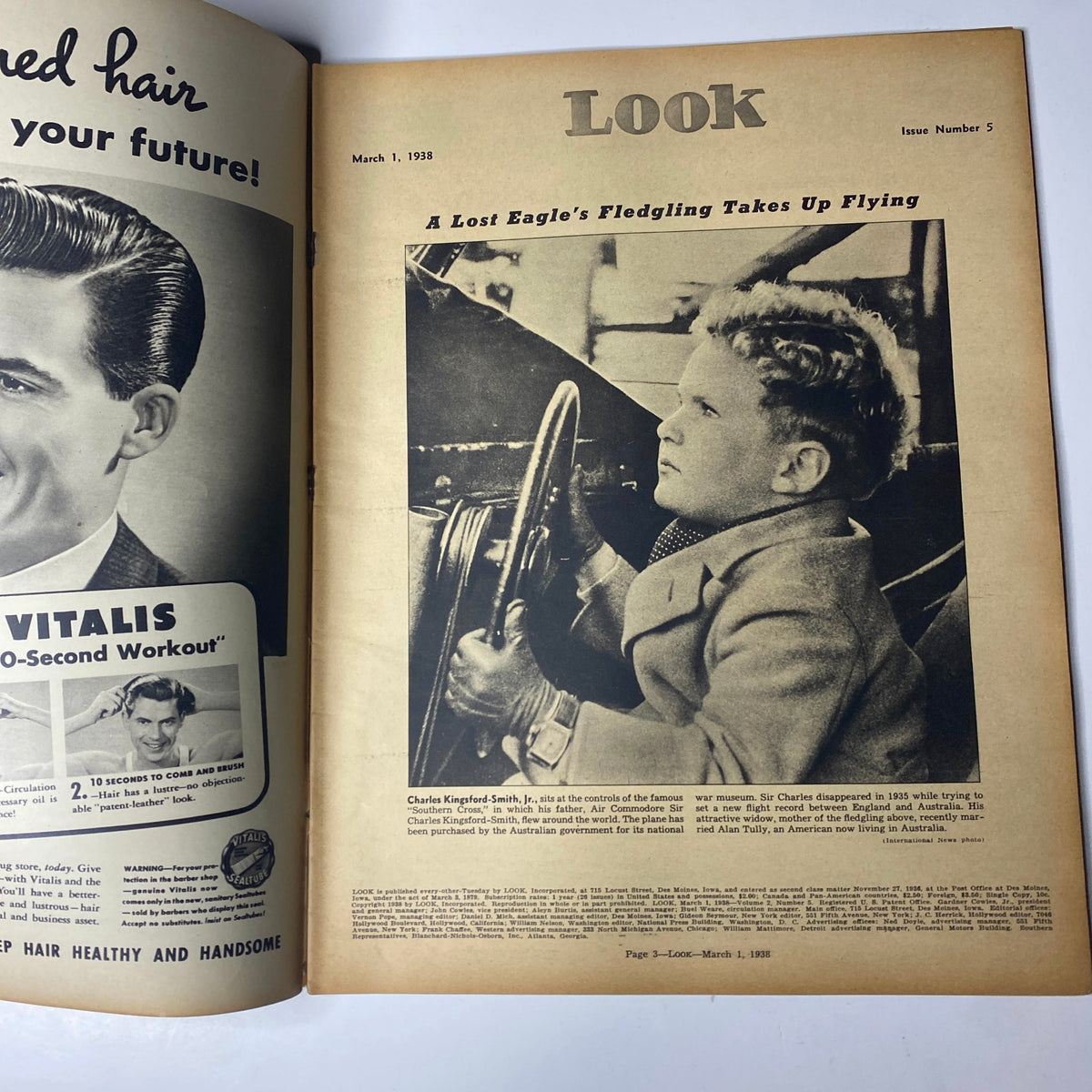 Vintage Look Magazine March 1, 1938 feature on Charles Kingford-Smith, Jr., exploring aviation enthusiasts with a focus on his father's legacy in aviation.
