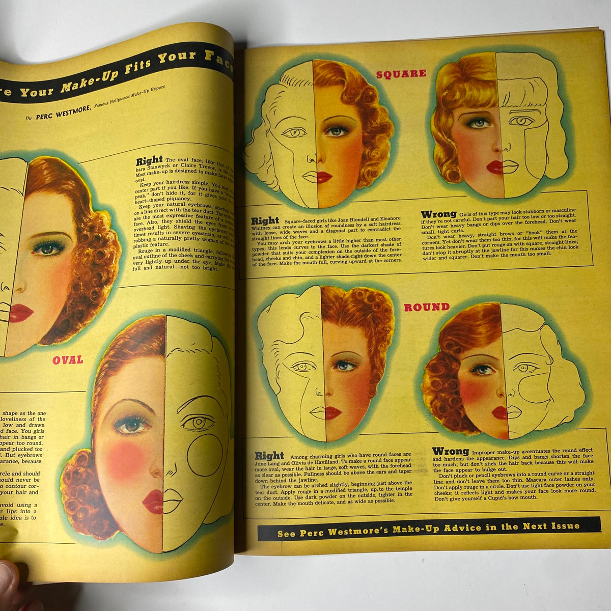 Illustration from Look Magazine March 1, 1938 by Perc Westmore, showcasing makeup tips tailored to different face shapes including oval, square, and round.