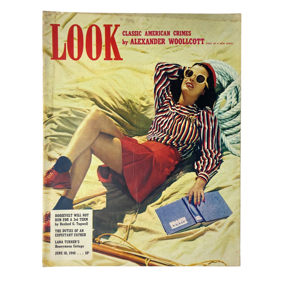 Look Magazine June 18, 1940 cover featuring a woman in sunglasses and striped shirt, highlighting the classic American crimes article by Alexander Woollcott.