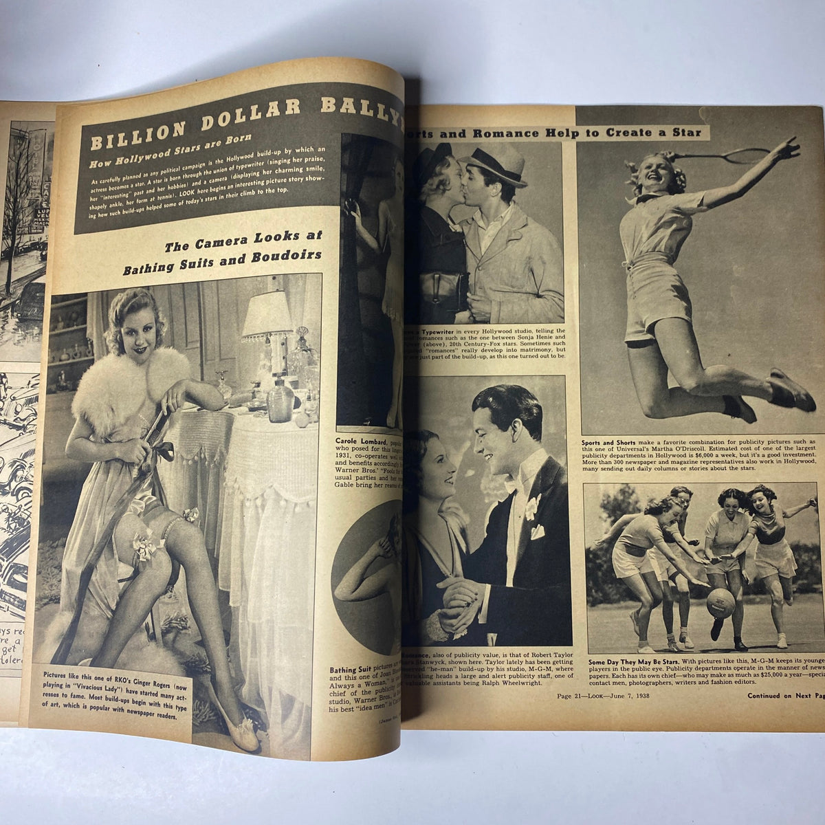 Interior spread of Look Magazine, June 7, 1938, titled 'Billion Dollar Ballyhoo'. It highlights Hollywood stars, bathing suits, and behind-the-scenes glamour, depicting a nostalgic look at celebrity culture of the 1930s.