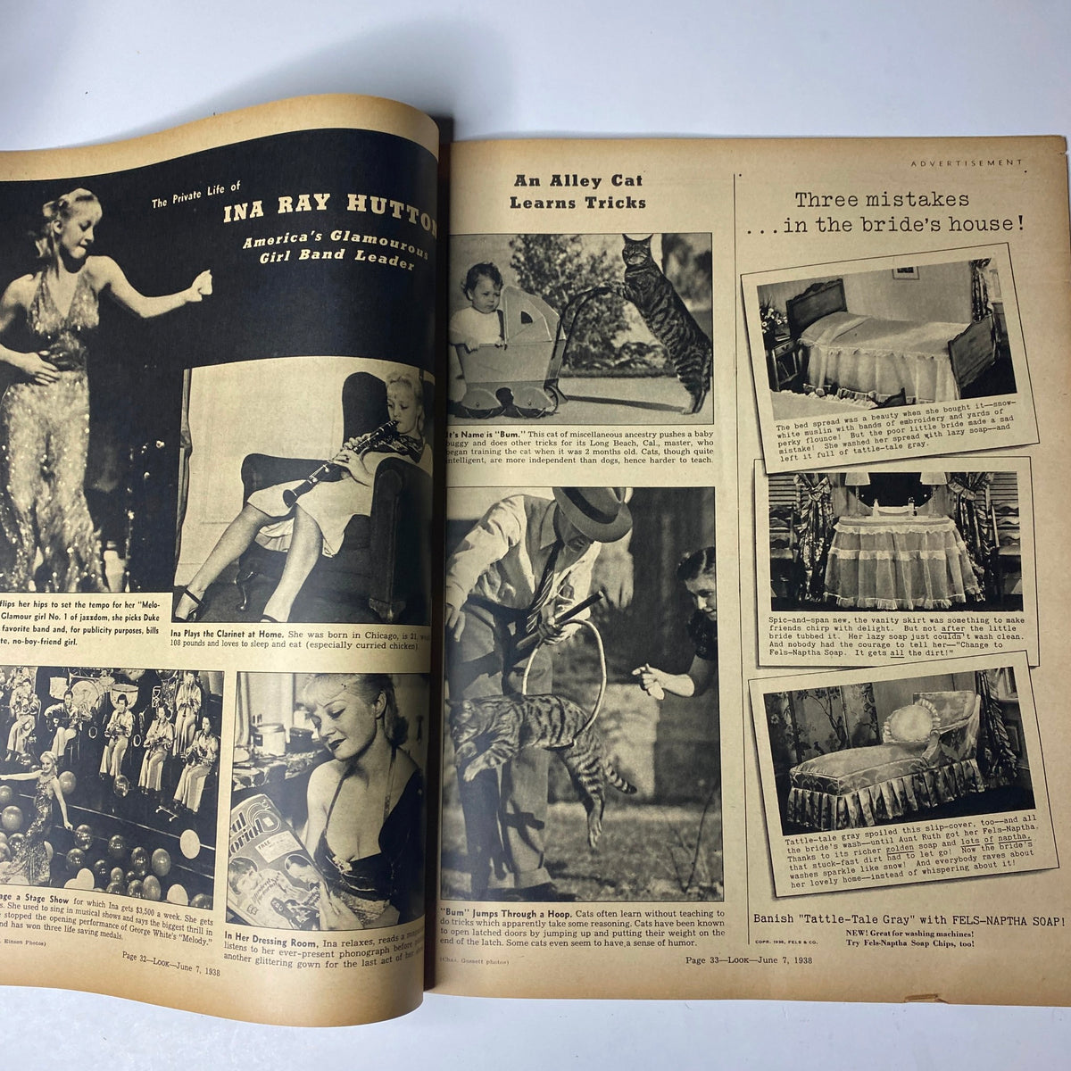Interior page from Look Magazine, June 7, 1938, detailing the private life of Ina Ray Hutton, a glamorous girl band leader, alongside images of stylish 1930s fashion and entertainment.
