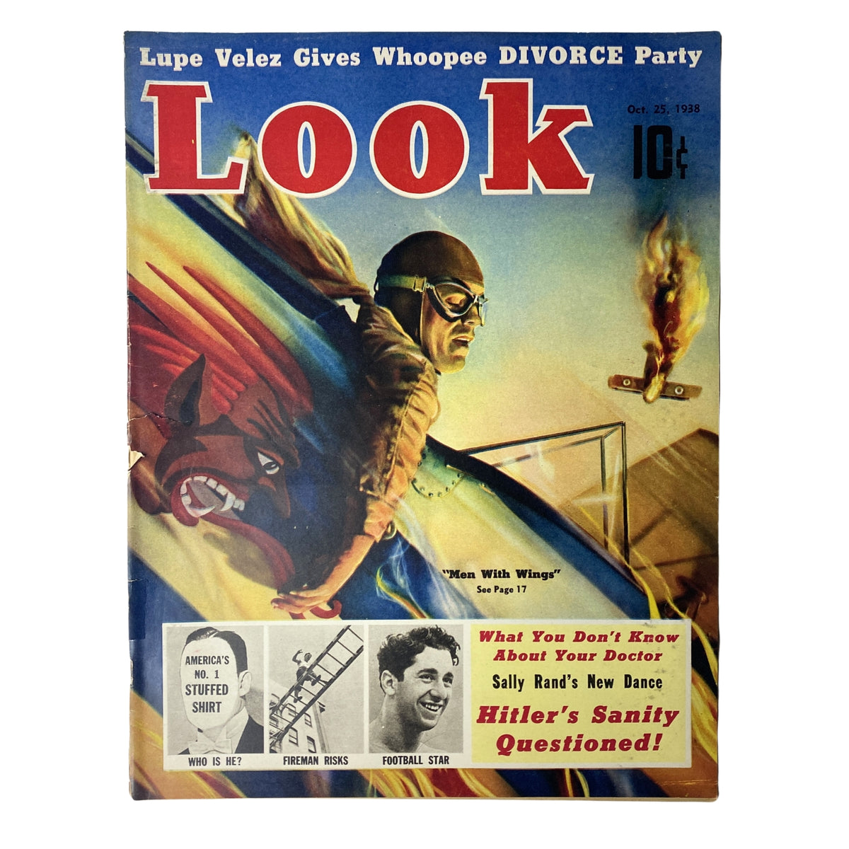 Cover of Look Magazine from October 25, 1938 featuring Lupe Velez, football star Marshall Goldberg, and the headline 'Hitler's Sanity Questioned.' A colorful illustration depicting a pilot with goggles flying, symbolizing adventure and innovation.