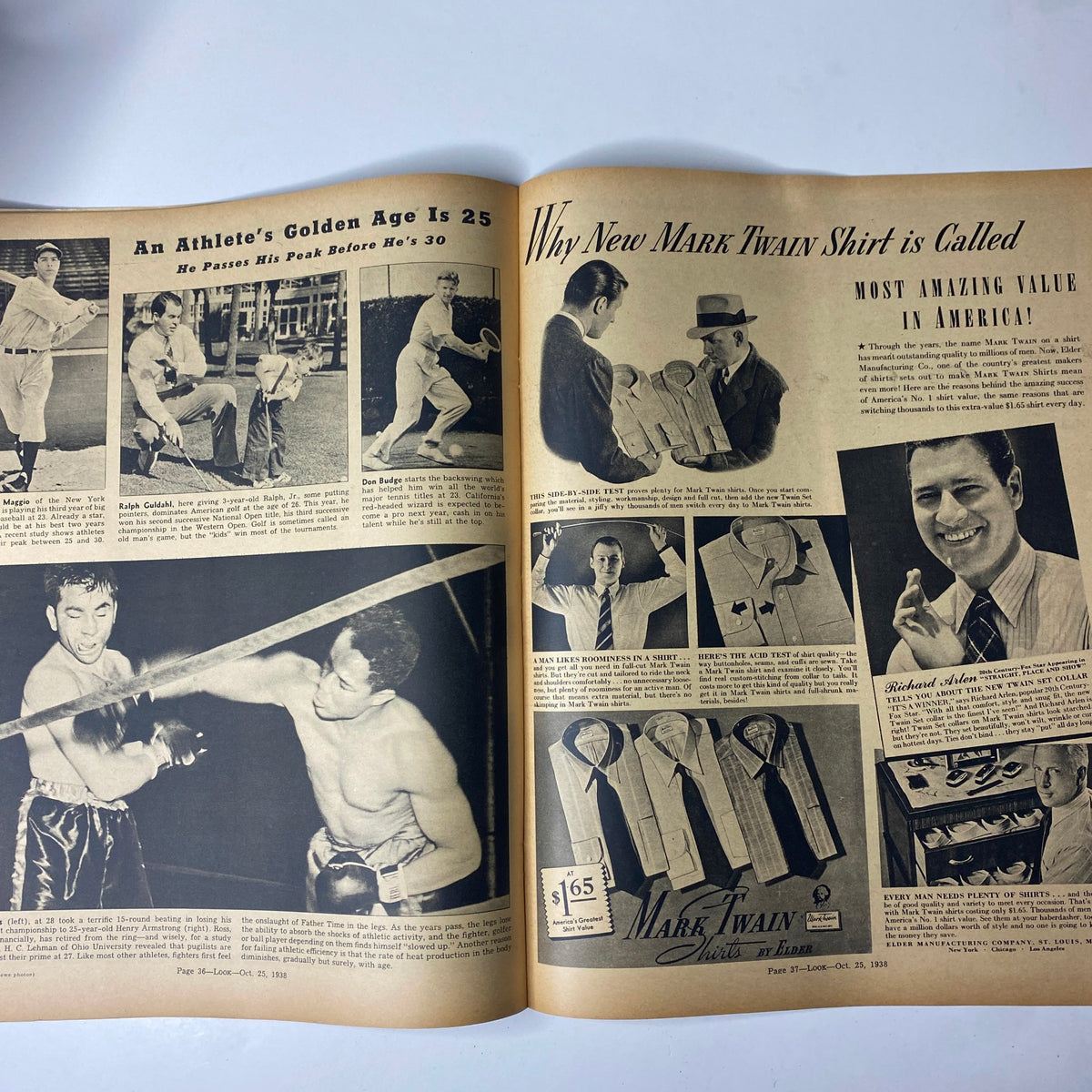 A two-page spread in Look Magazine, October 25, 1938, showcasing articles about sports, including 'An Athlete's Golden Age is 25,' and advertisements for Mark Twain shirts.