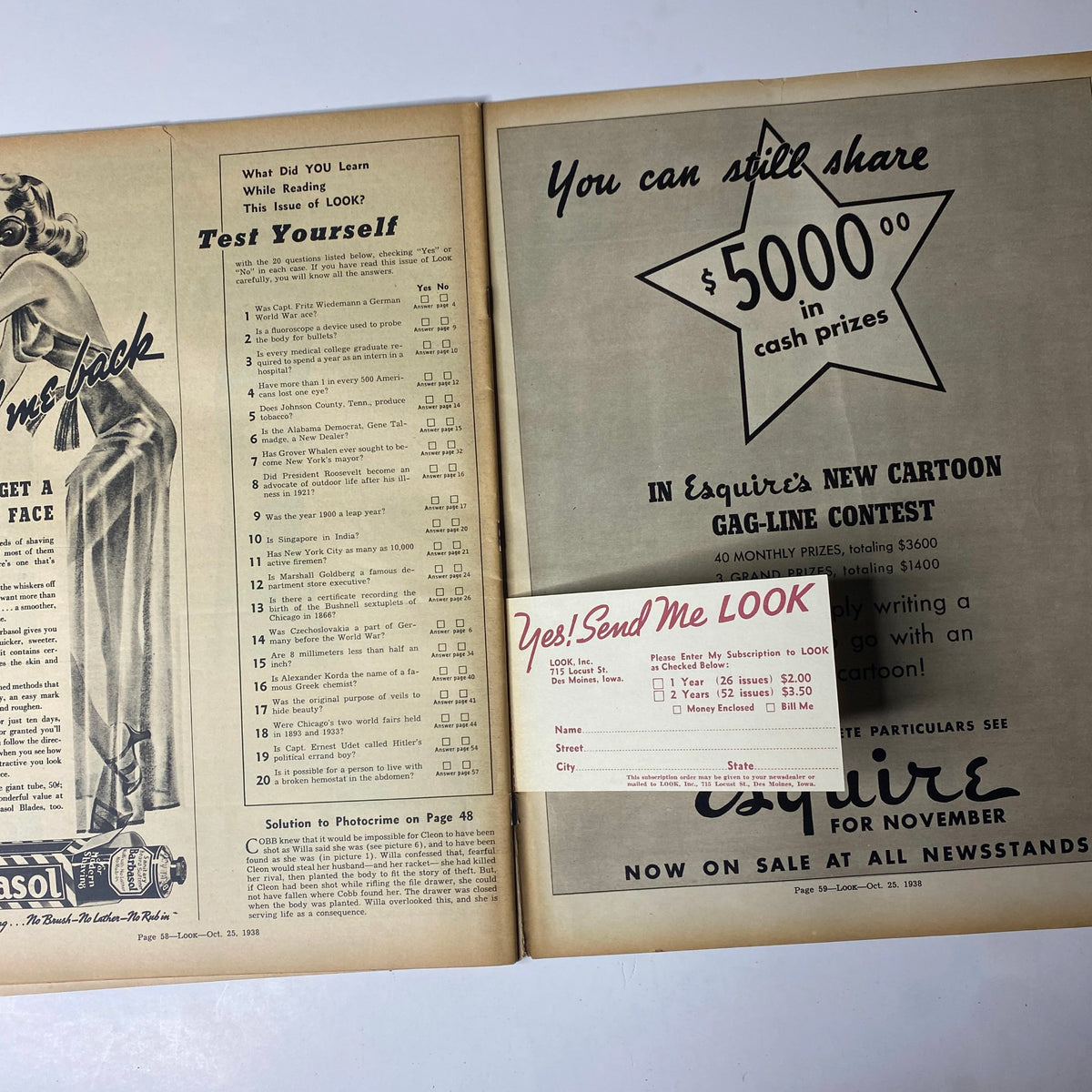Advertisement page from Look Magazine, October 25, 1938, featuring a subscription card for Esquire and a test yourself quiz with various questions related to the magazine content.