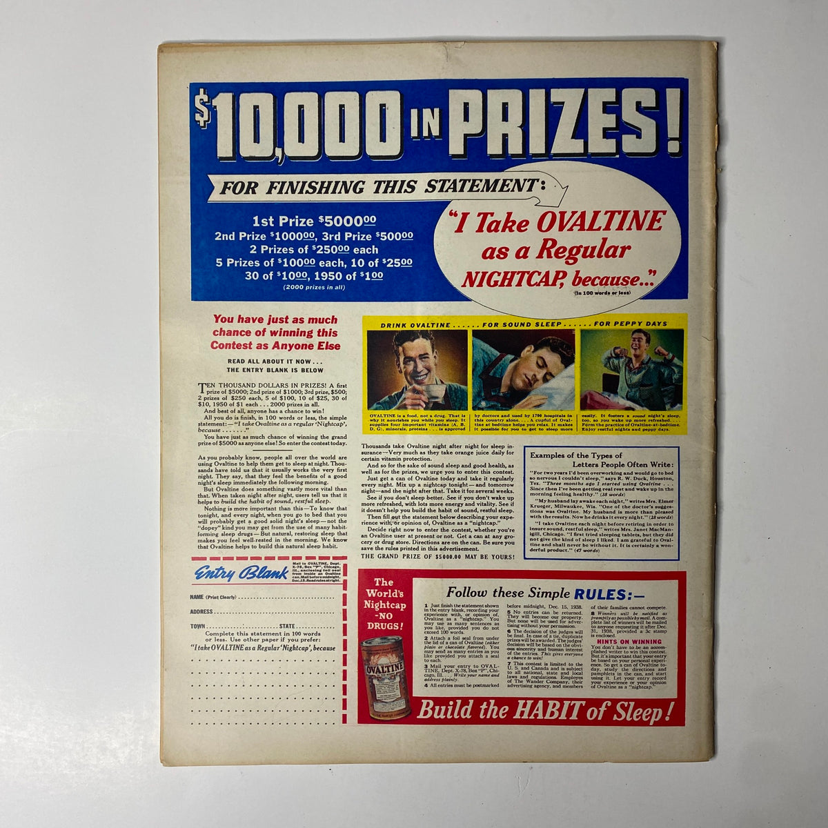 Promotional page from Look Magazine October 25, 1938 featuring a contest to win $10,000 in prizes. Includes information about the Ovaltine drink and how to enter the contest, highlighting the use of Ovaltine as a regular nightcap.