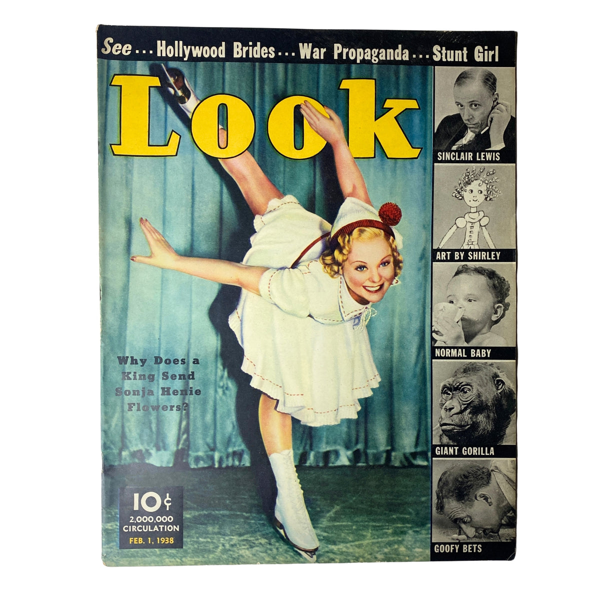 Cover of Look Magazine dated February 1, 1938 featuring Sonja Henie, the Olympic gold medalist and Hollywood film star, performing on ice with vibrant colors and promotional offers, set against a blue curtain.