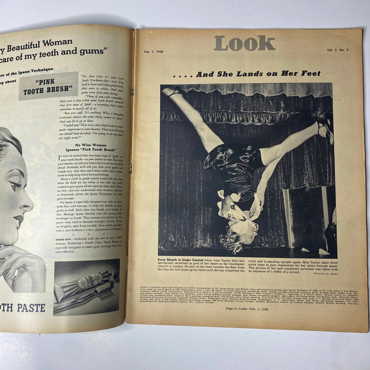 Interior page of Look Magazine from February 1, 1938 showcasing a vintage advertisement for 'Pink Tooth Brush,' highlighting dental hygiene with a photo of June Taylor mid-performance, emphasizing beauty and health.