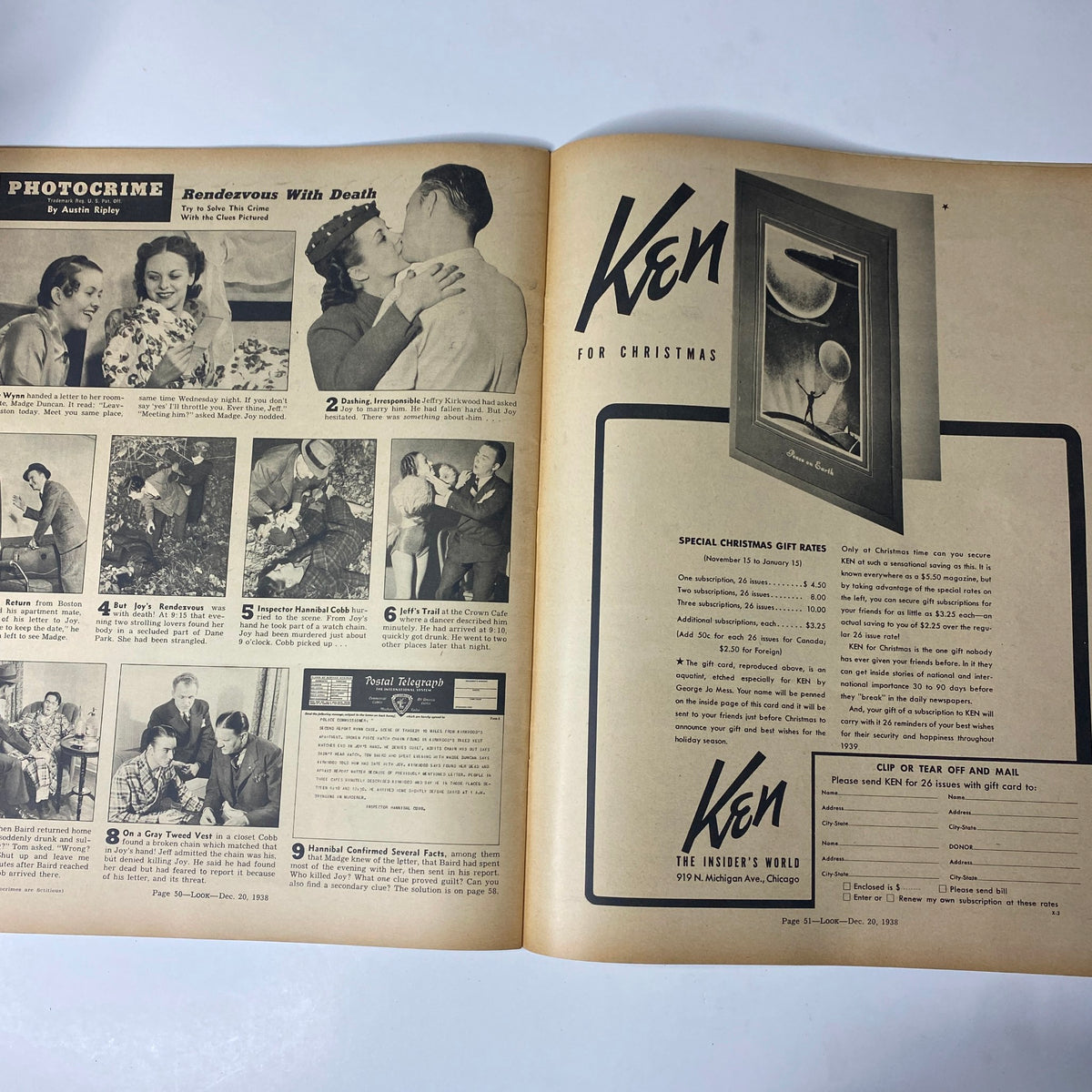 Page from Look Magazine December 20, 1938 showcasing a photo story titled 'Photocrime: Rendezvous With Death', illustrating various scenes related to crime and intrigue.