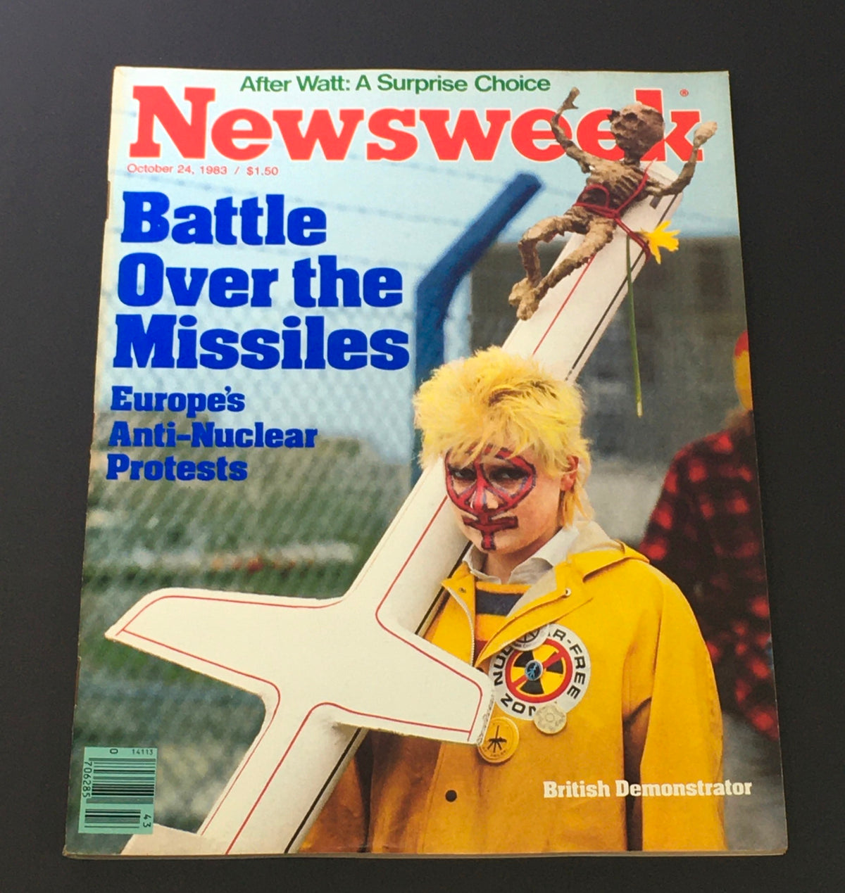 VTG Newsweek Magazine October 23 1984 featuring a British demonstrator on the cover with themes of political activism and historical protests about anti-nuclear issues.