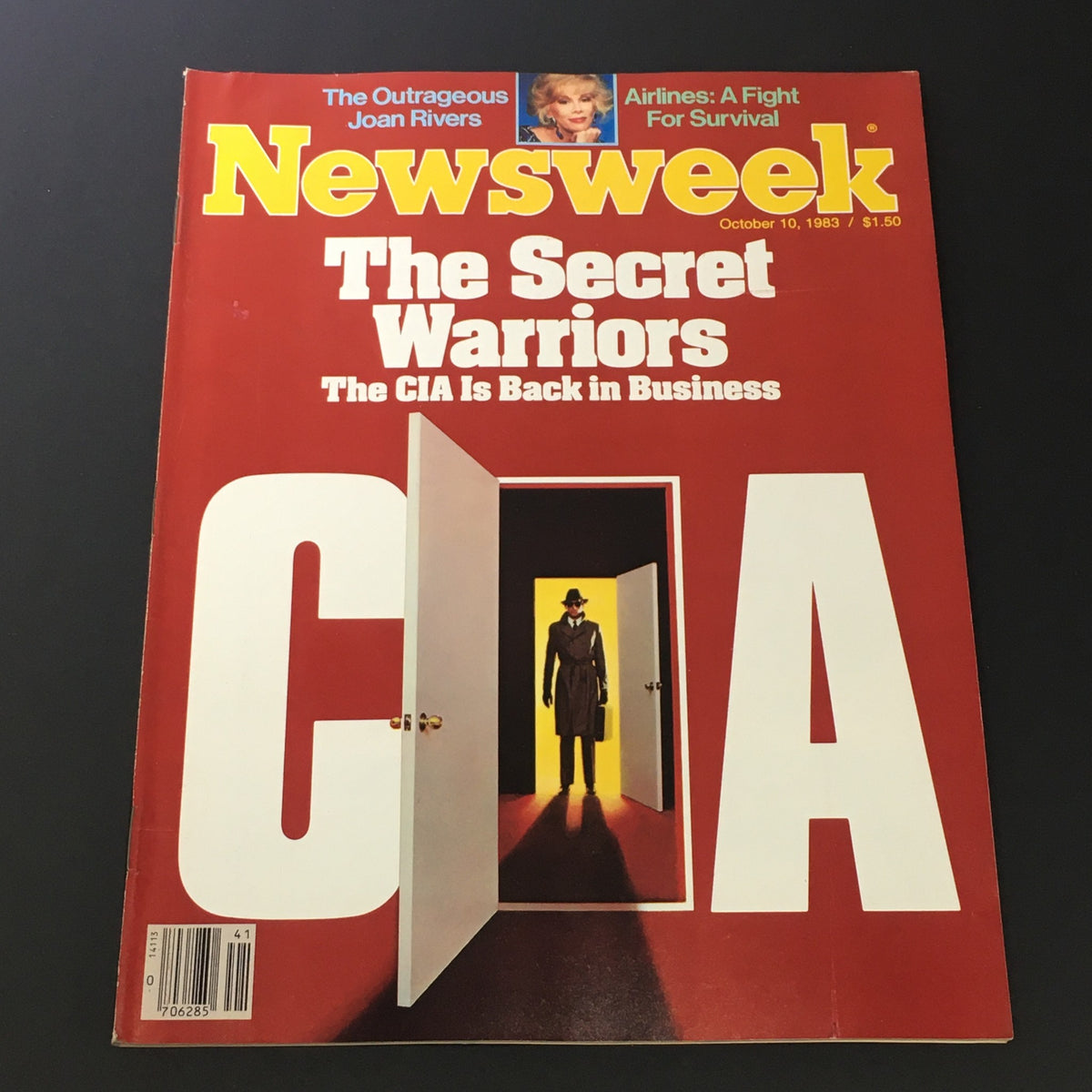VTG Newsweek Magazine October 10 1983 featuring Joan Rivers on the cover, with the headline 'The Secret Warriors' and a visually striking design depicting a figure in a trench coat in front of an open door.