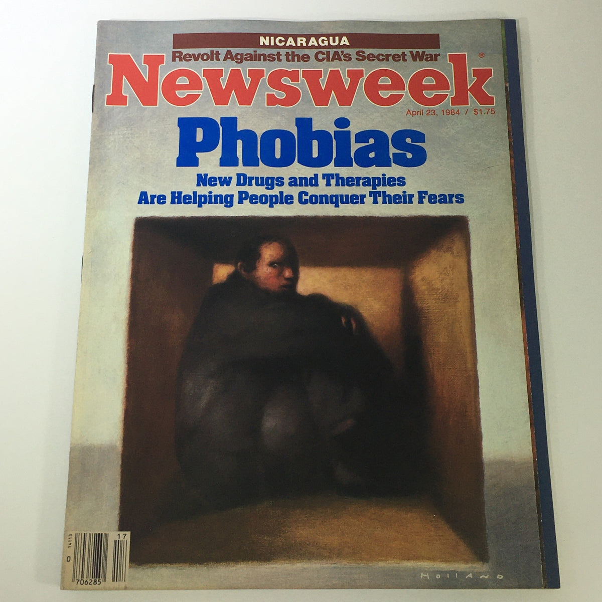 VTG Newsweek Magazine April 23 1984 cover featuring an illustration on phobias by artist Holland, highlighting themes of fear and mental health with a striking visual.