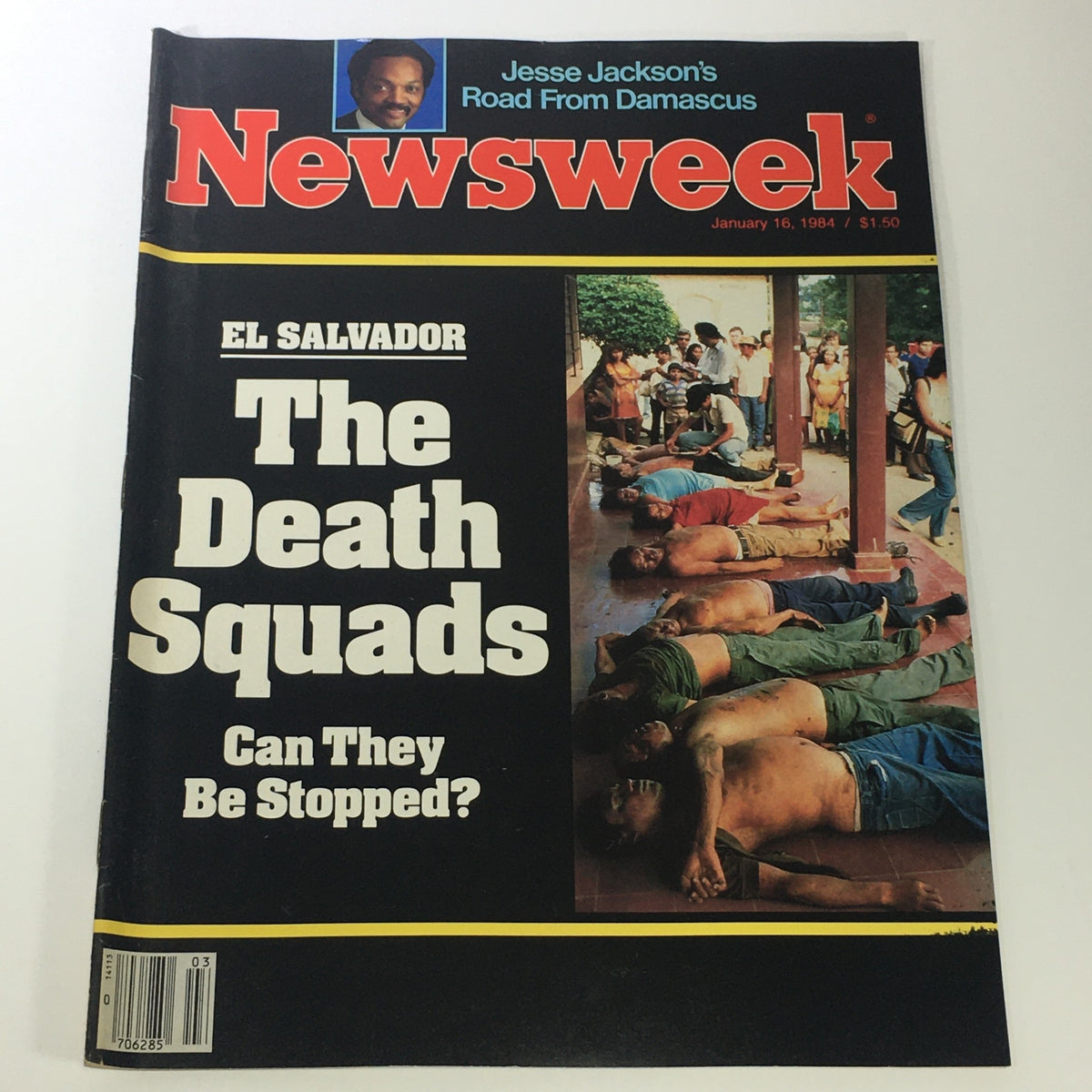 Cover of Vintage Newsweek Magazine, January 16, 1984, featuring the title 'El Salvador: The Death Squads - Can They Be Stopped?' with a photo depicting the somber topic discussed in the issue. The magazine also highlights Jesse Jackson's political journey.
