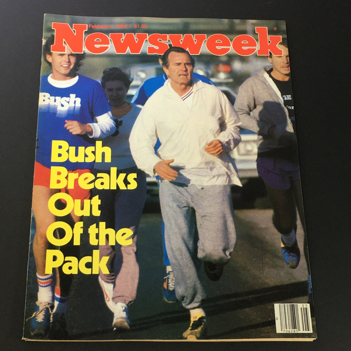 VTG Newsweek Magazine February 4 1980 featuring George Herbert Walker Bush jogging with others, illustrating a pivotal moment in American political history.