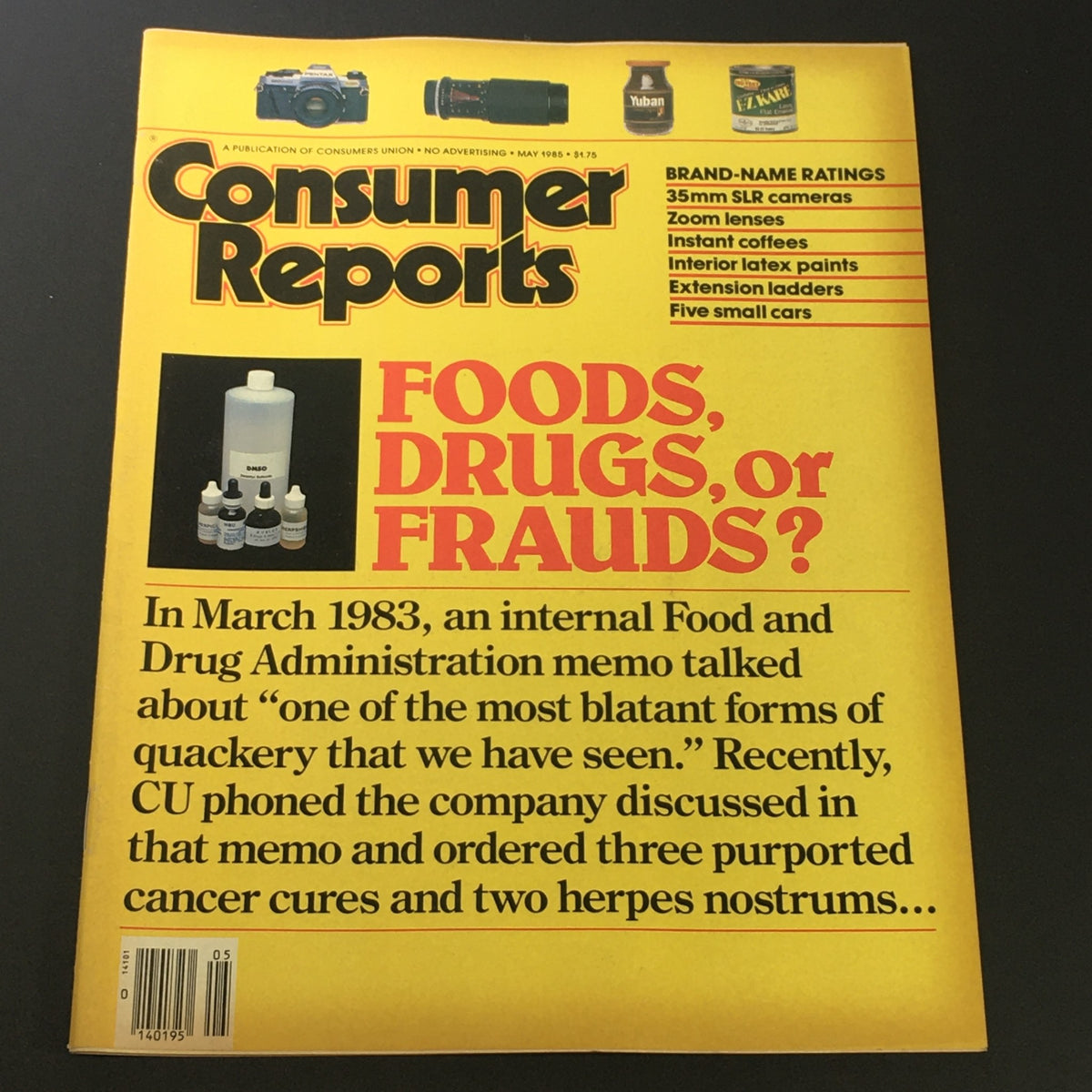 Cover of Consumer Reports Magazine May 1985 featuring the headline 'Food, Drugs, or Frauds?' highlighting consumer safety concerns and brand-name ratings.