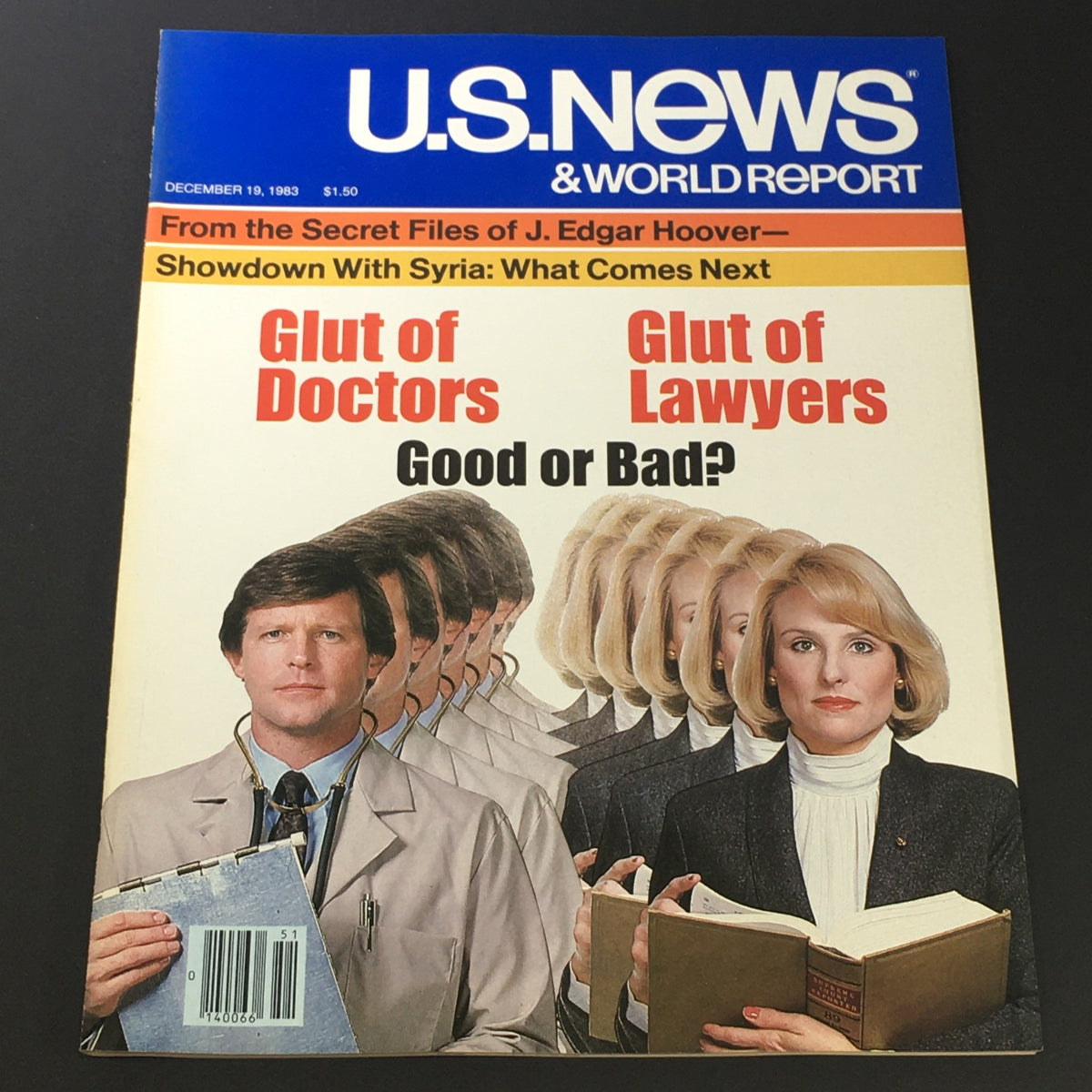 VTG US News & World Report Magazine from December 19, 1983, featuring the cover story 'Glut of Doctors & Lawyers' with imagery of a male doctor and female lawyer, exploring the oversupply of these professions.