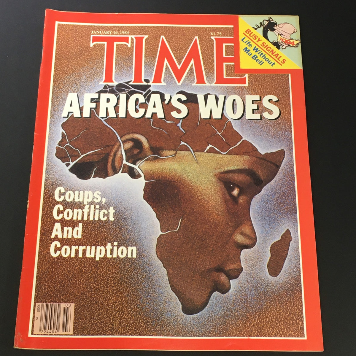 Cover of VTG Time Magazine from January 16, 1984, featuring the title 'Africa's Woes: Coups, Conflict And Corruption' with an artistic depiction of Africa.