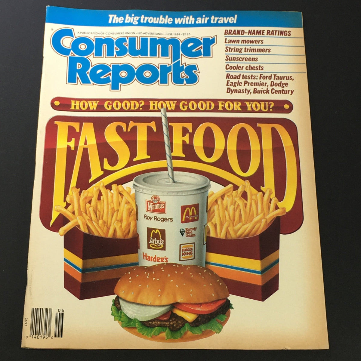 Cover of the June 1988 issue of Consumer Reports Magazine titled 'Fast Food, How Good For You?' featuring illustrations of a burger, fries, and a soft drink with logos of popular fast food chains.