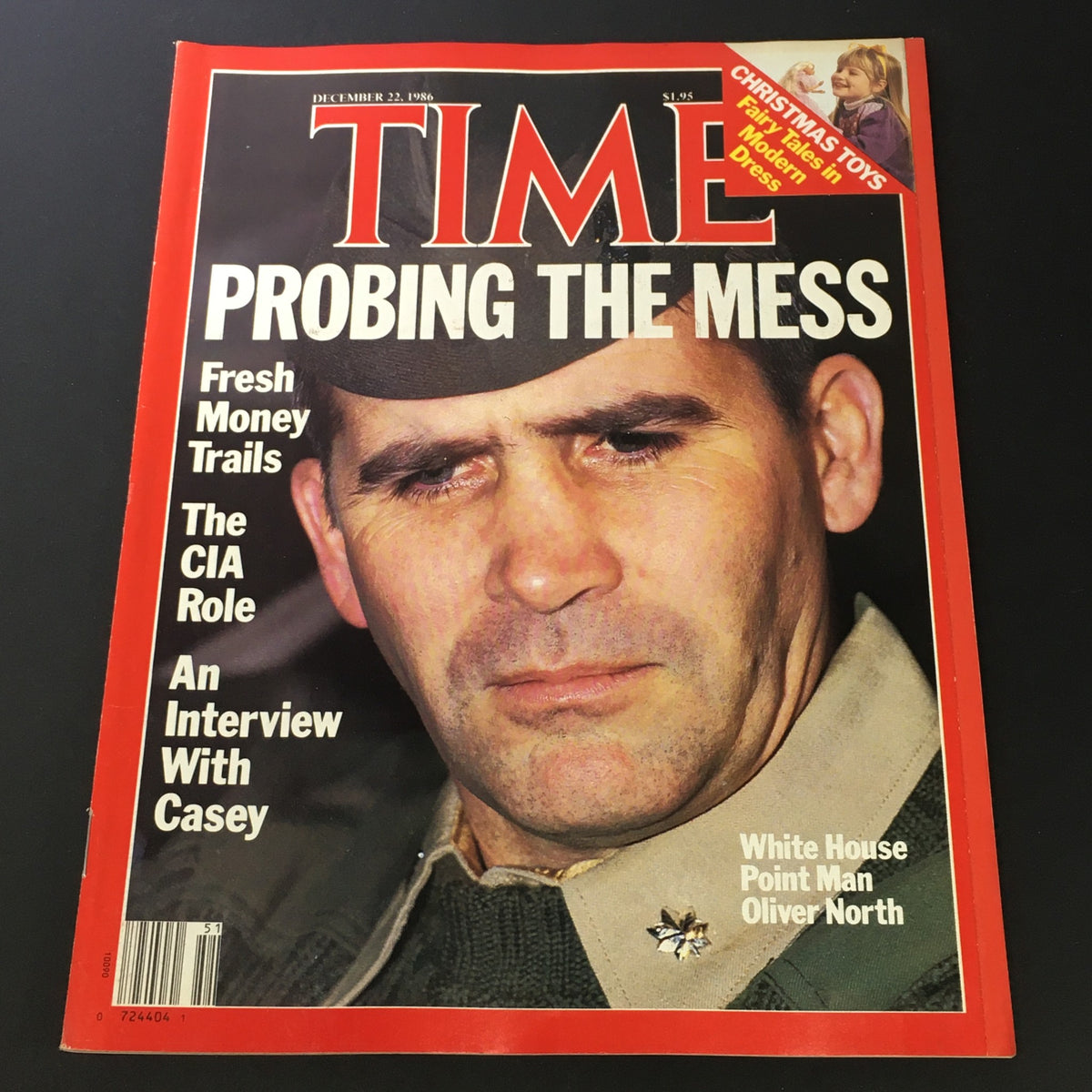 VTG Time Magazine cover from December 22, 1986 featuring Lieutenant Colonel Oliver North, titled 'Probing the Mess' with headlines about fresh money trails, the CIA role, and an interview with Casey. A compelling historical collectible from the 1980s.