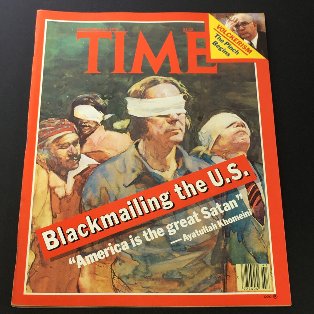 VTG Time Magazine November 19 1979 featuring a cover illustration related to Ayatullah Khomeini with the headline 'Blackmailing the U.S. - America is the great Satan'. This collector's item captures a significant moment in history.