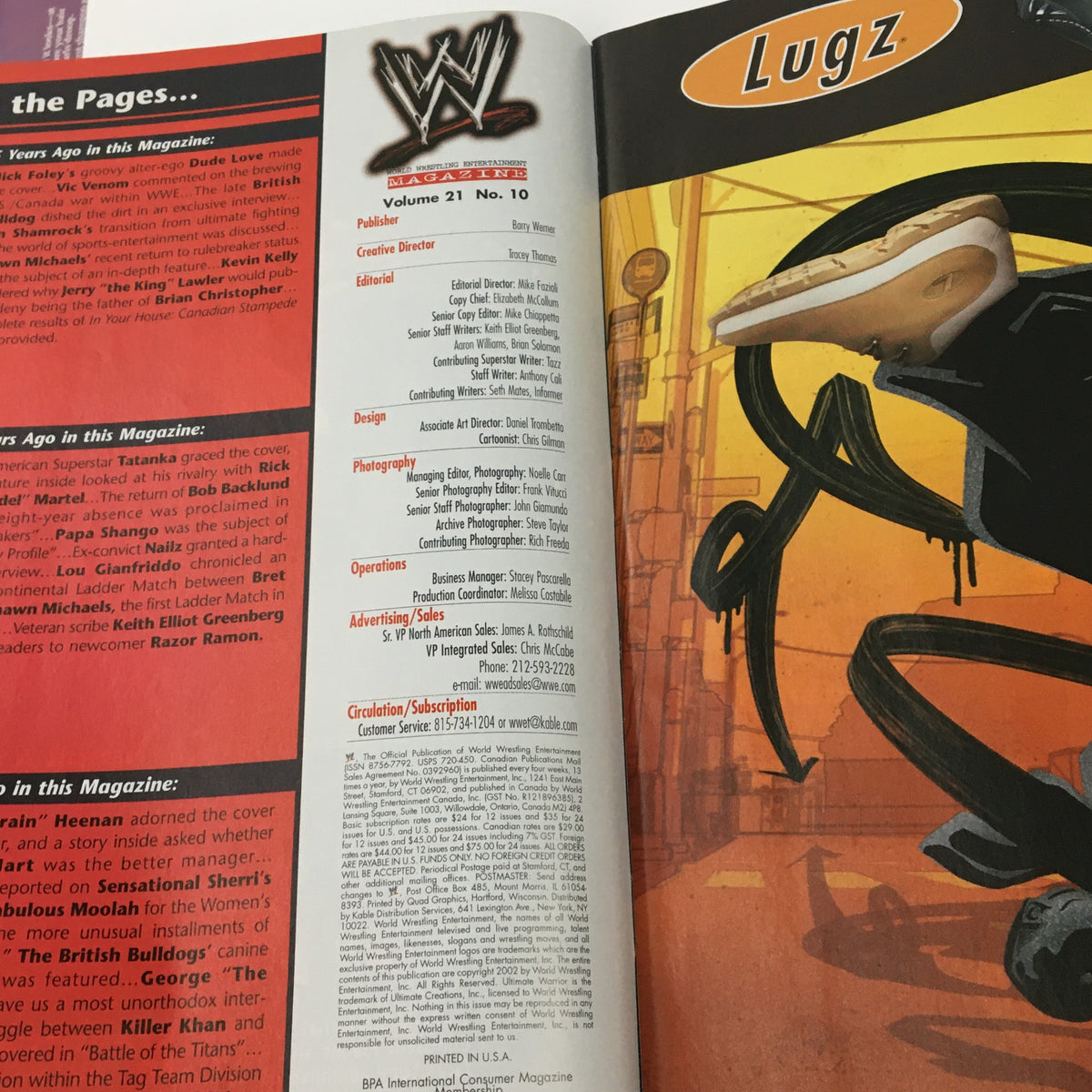 Inside cover of WWE Magazine October 2002 Vol 21 #10 detailing the magazine's volume, issue number, and contents layout featuring stylish graphics.