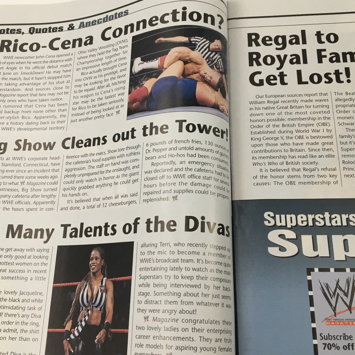 Page from WWE Magazine October 2002 Vol 21 #10 discussing wrestling connections and anecdotes, featuring images of wrestlers in action.