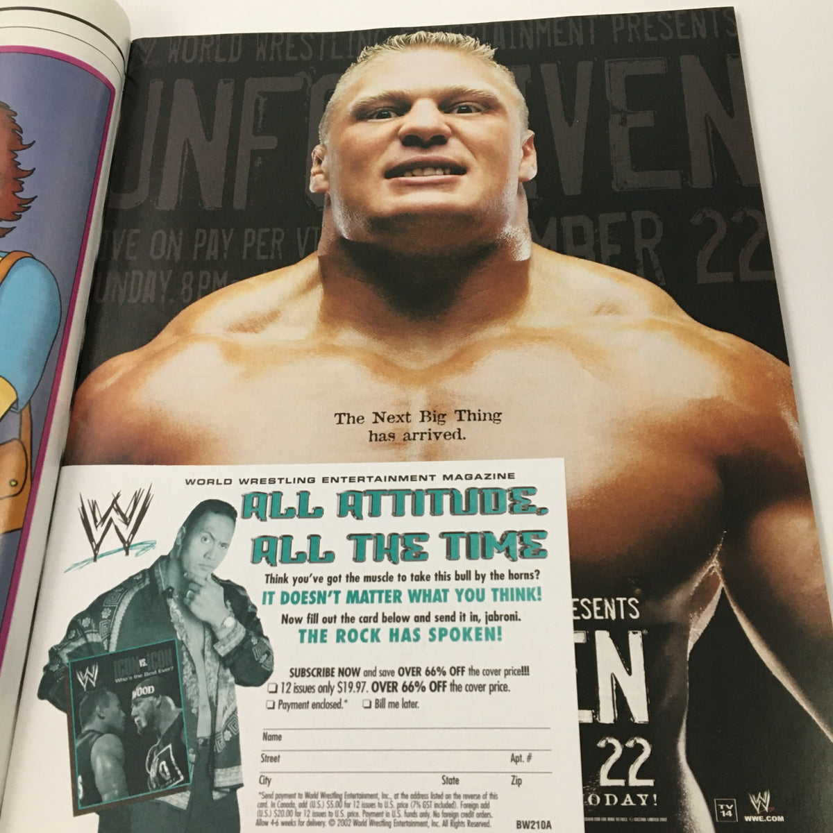 Advertisement page in WWE Magazine October 2002 Vol 21 #10, highlighting Brock Lesnar with a promotional graphic for an upcoming wrestling event.