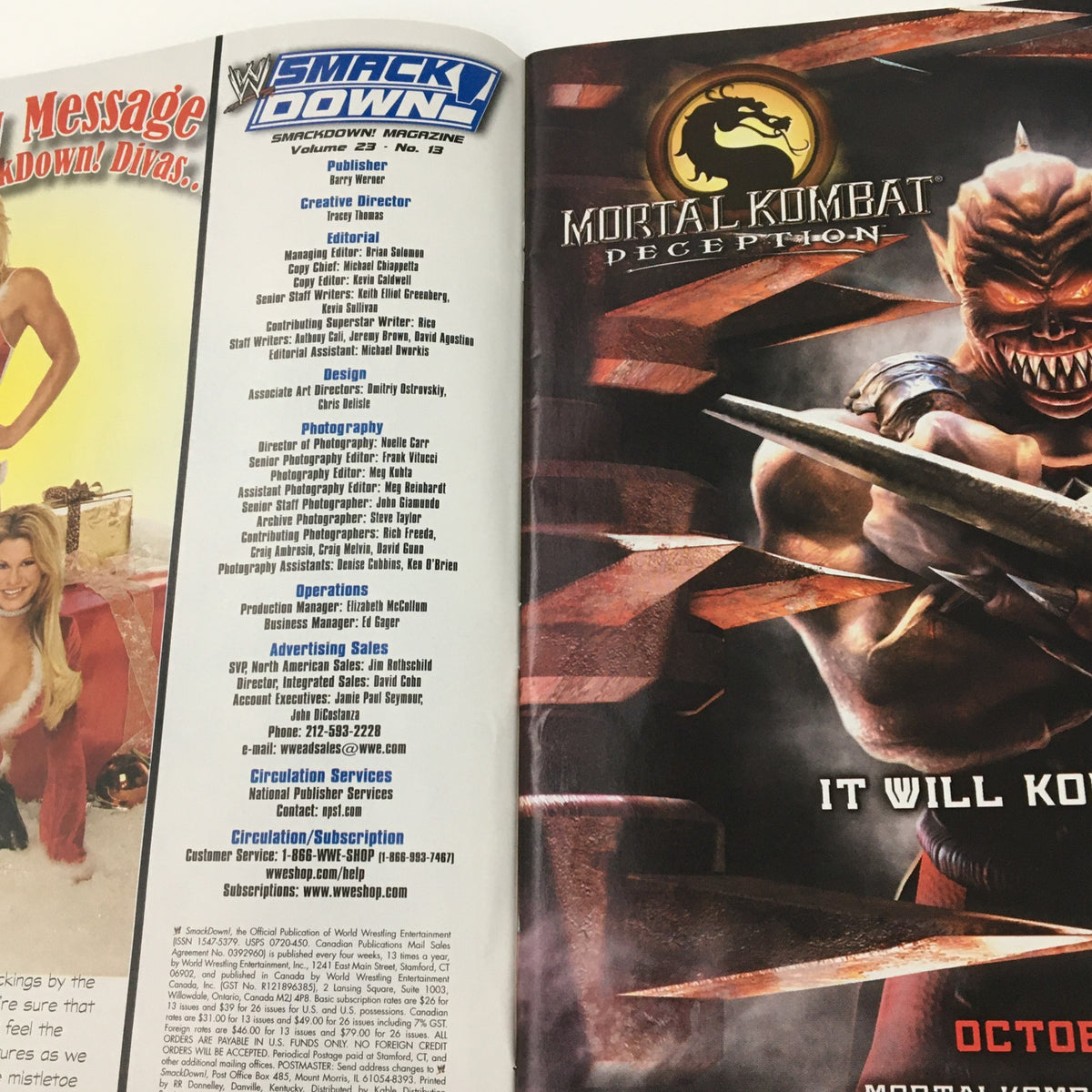 Inside spread of WWE Smack Down Holiday 2004 magazine, showcasing publication details alongside a promotional image for Mortal Kombat Deception. Highlights publisher and contributors.
