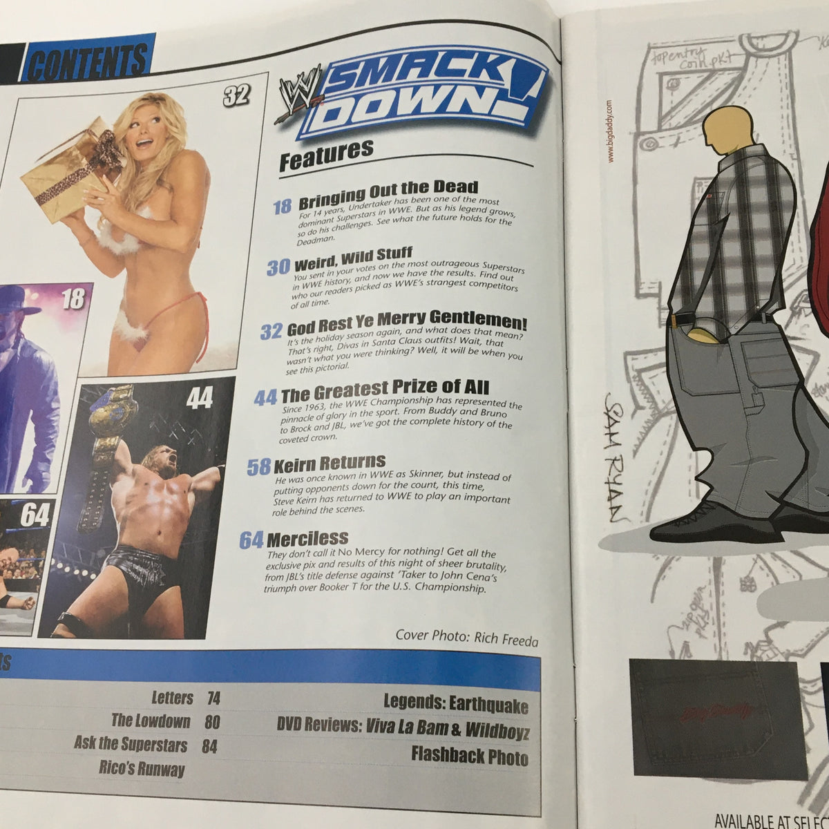 WWE Smack Down Holiday 2004 magazine showing the table of contents, highlighting features such as 'Bringing Out the Dead' and 'The Greatest Prize of All'.