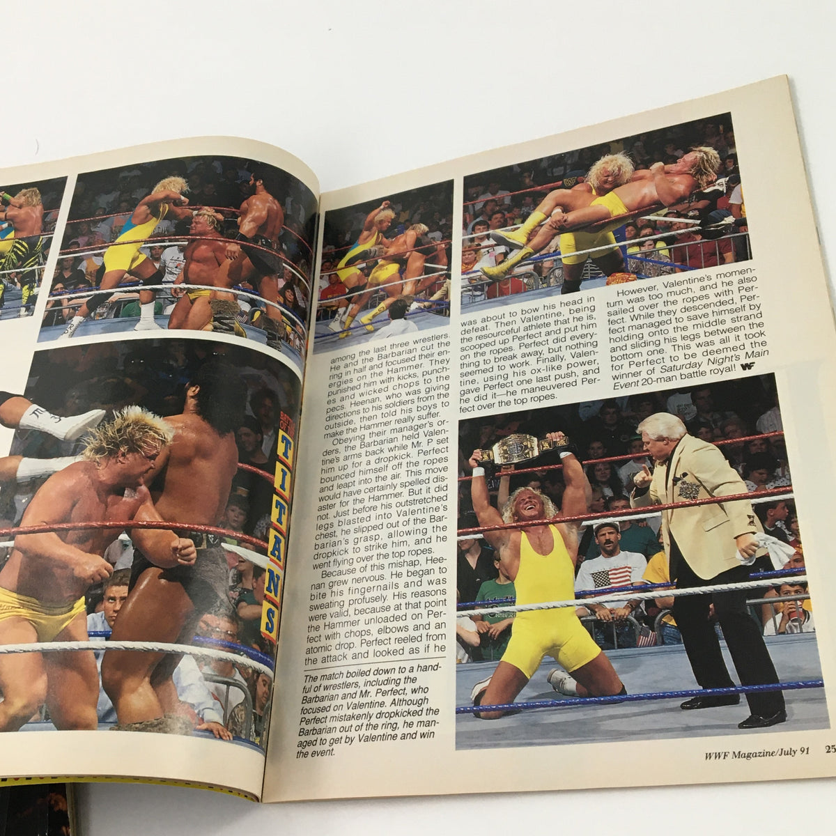 Action-packed page from WWF Wrestling Magazine July 1991 displaying wrestling matches, with dynamic imagery capturing the excitement of battles in the ring.