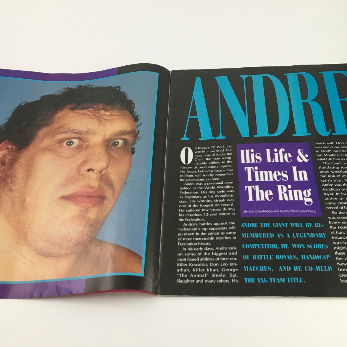 WWF Wrestling Spotlight Special 1993 Vol 20 featuring Andre The Giant, showcasing a close-up photo of the wrestling legend with an insightful article about his life and career.