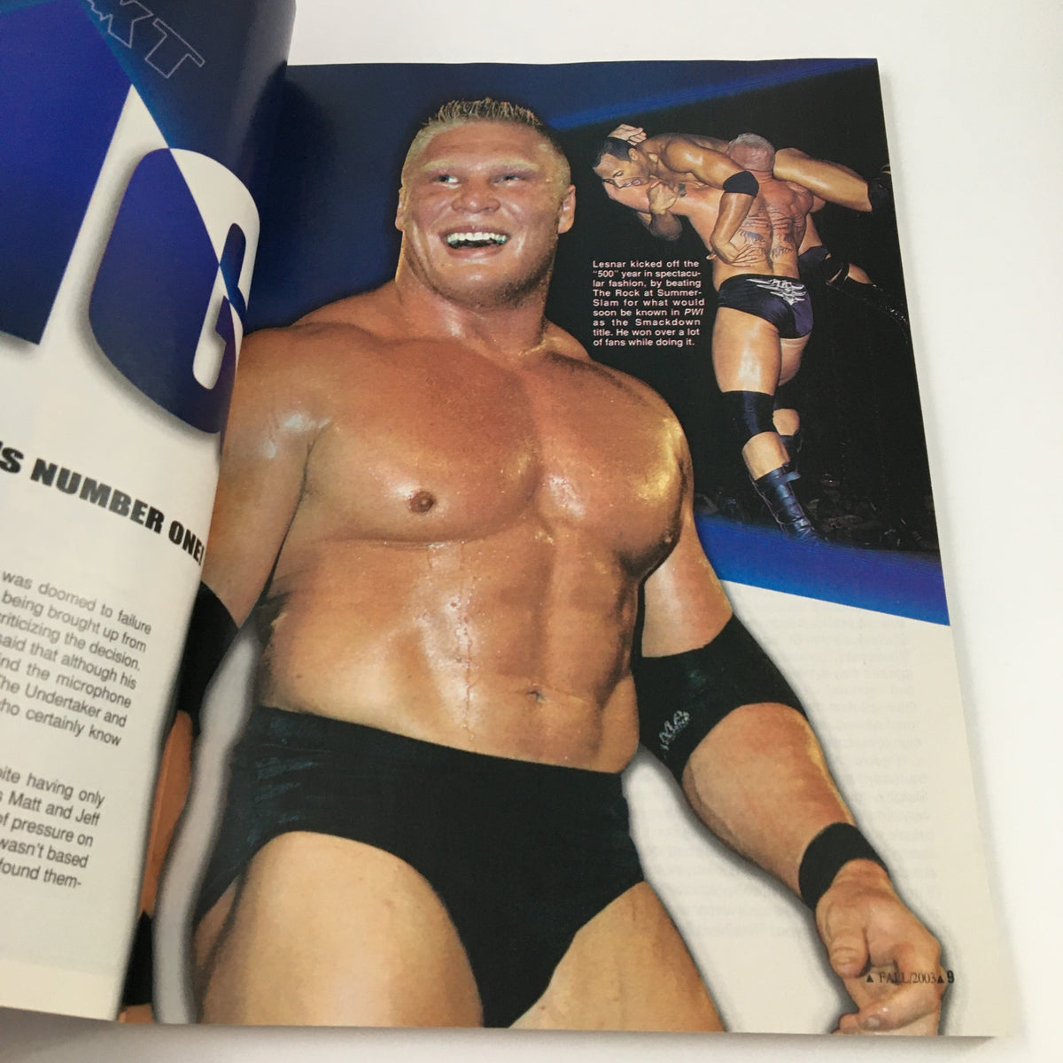 Brock Lesnar in action during a match, showcasing his athleticism and dominant presence, from Pro Wrestling Illustrated Magazine Fall 2003.